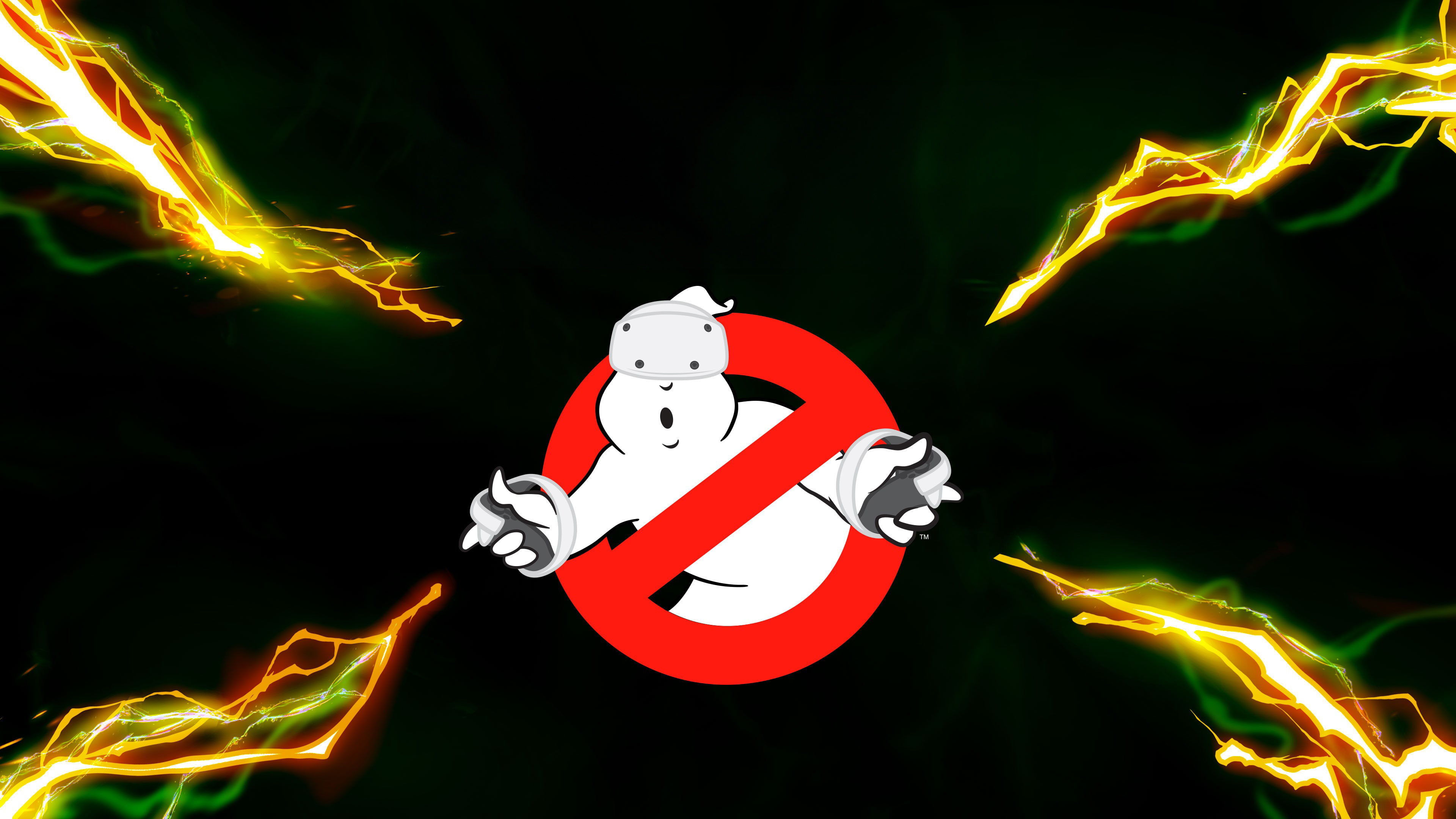 The iconic white Ghostbusters No-Ghost logo with a red slash mark, centered on a colorful, dynamic abstract background.