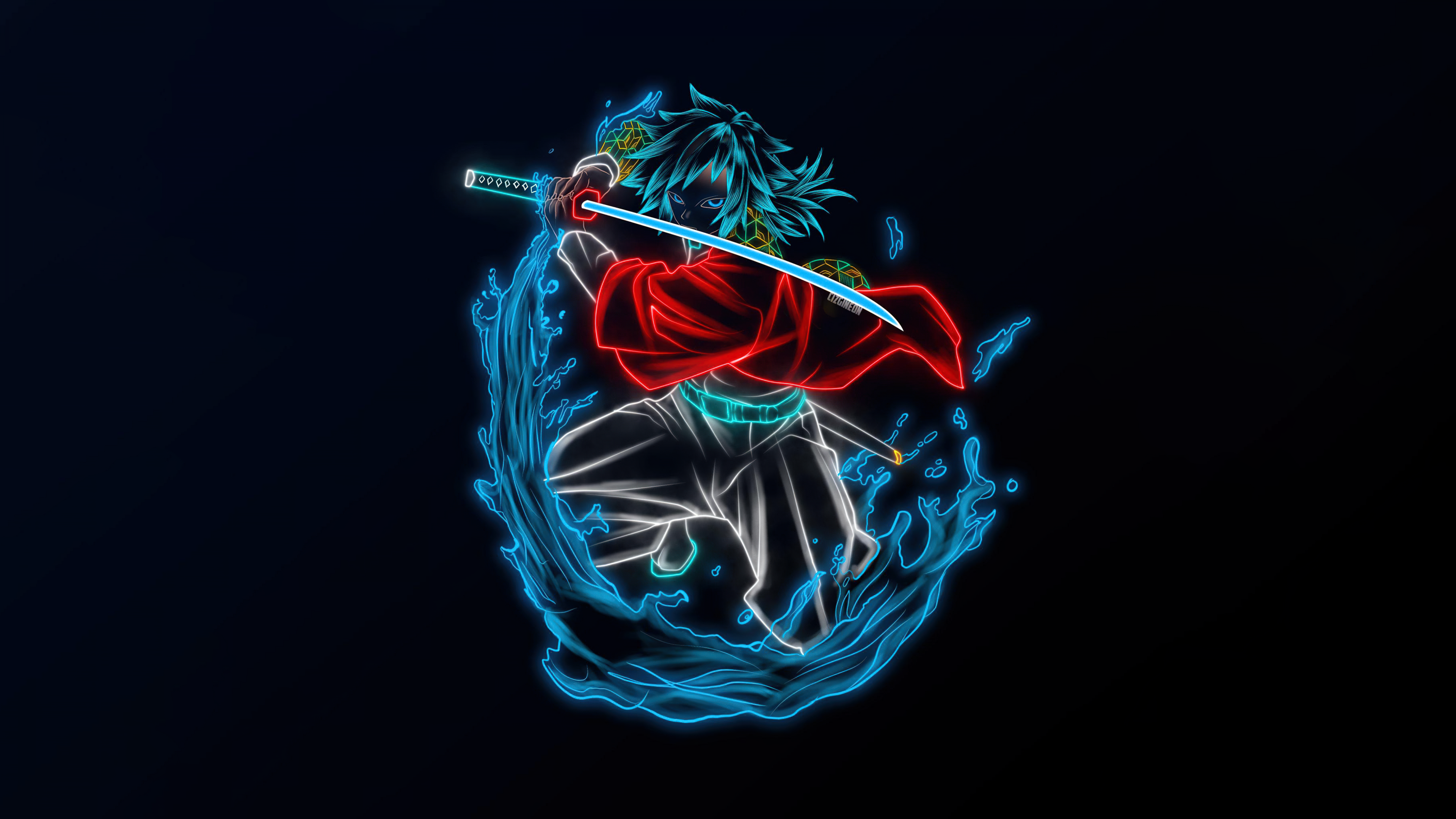 A cinematic portrait of Giyu Tomioka from Demon Slayer: Kimetsu no Yaiba against a dark background.