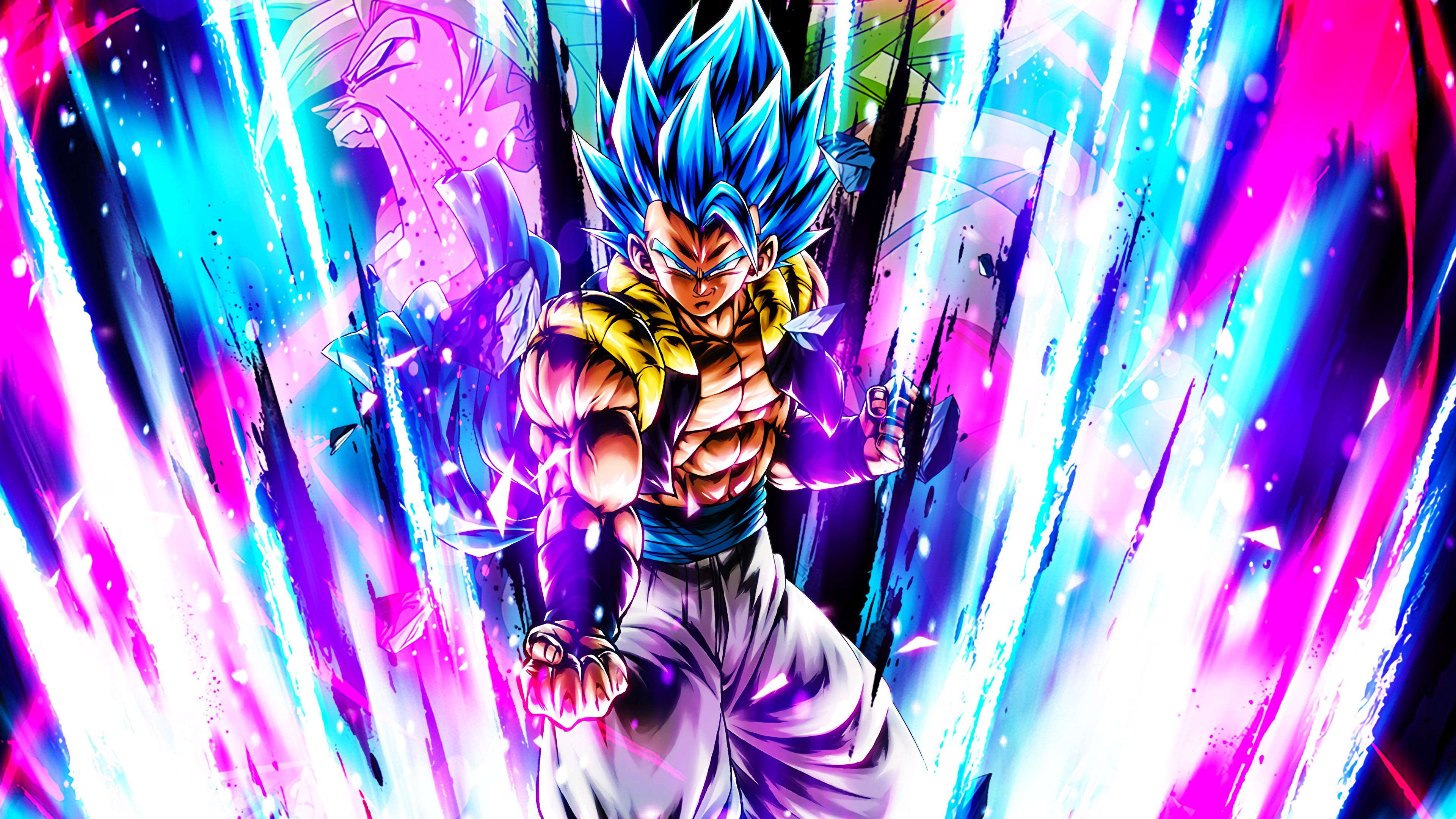 Gogeta in Super Saiyan Blue form with a radiant blue aura, inspired by Dragon Ball Legends