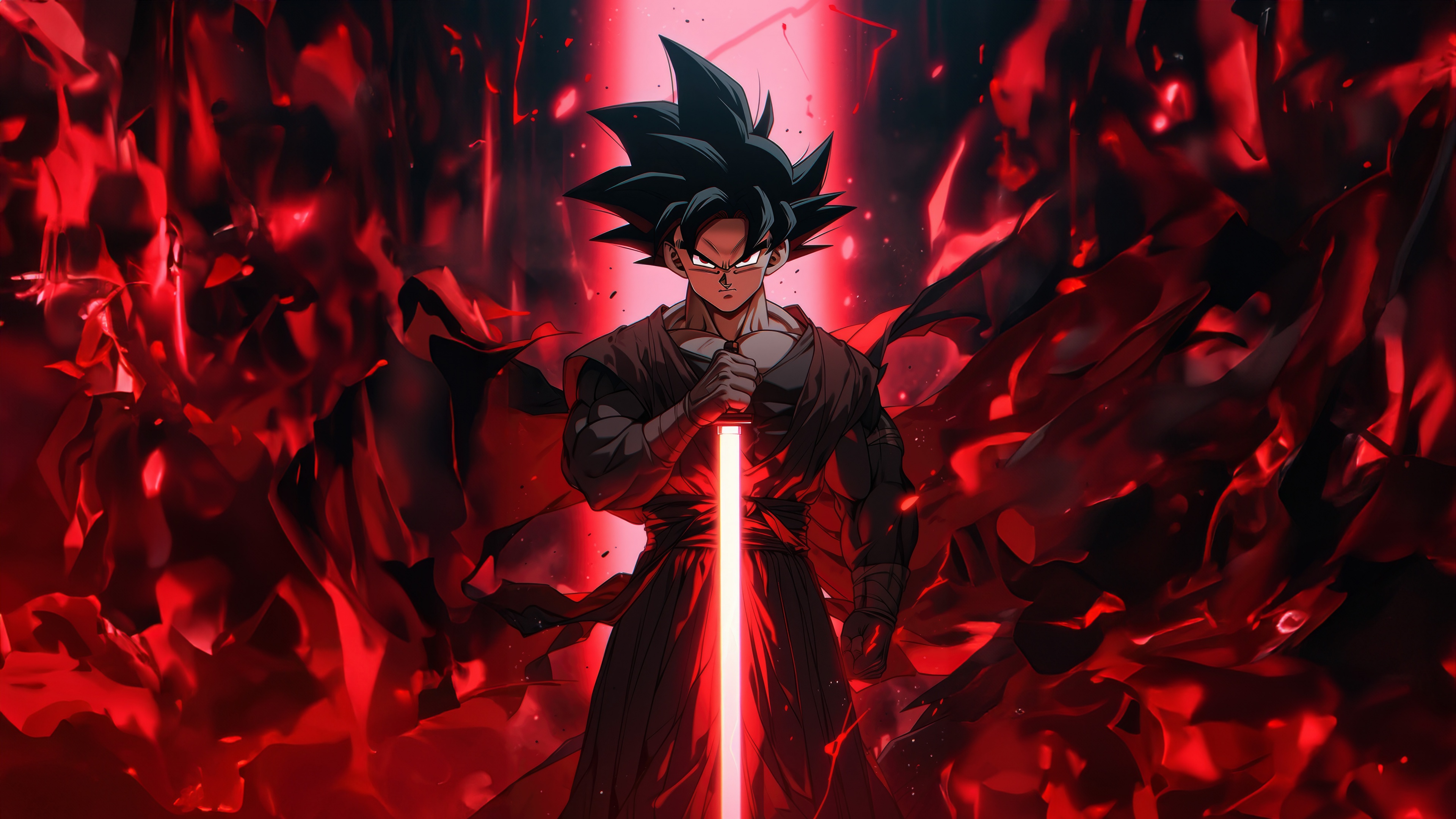Goku Black in Super Saiyan Rosé form wielding a glowing red lightsaber against a dark red background