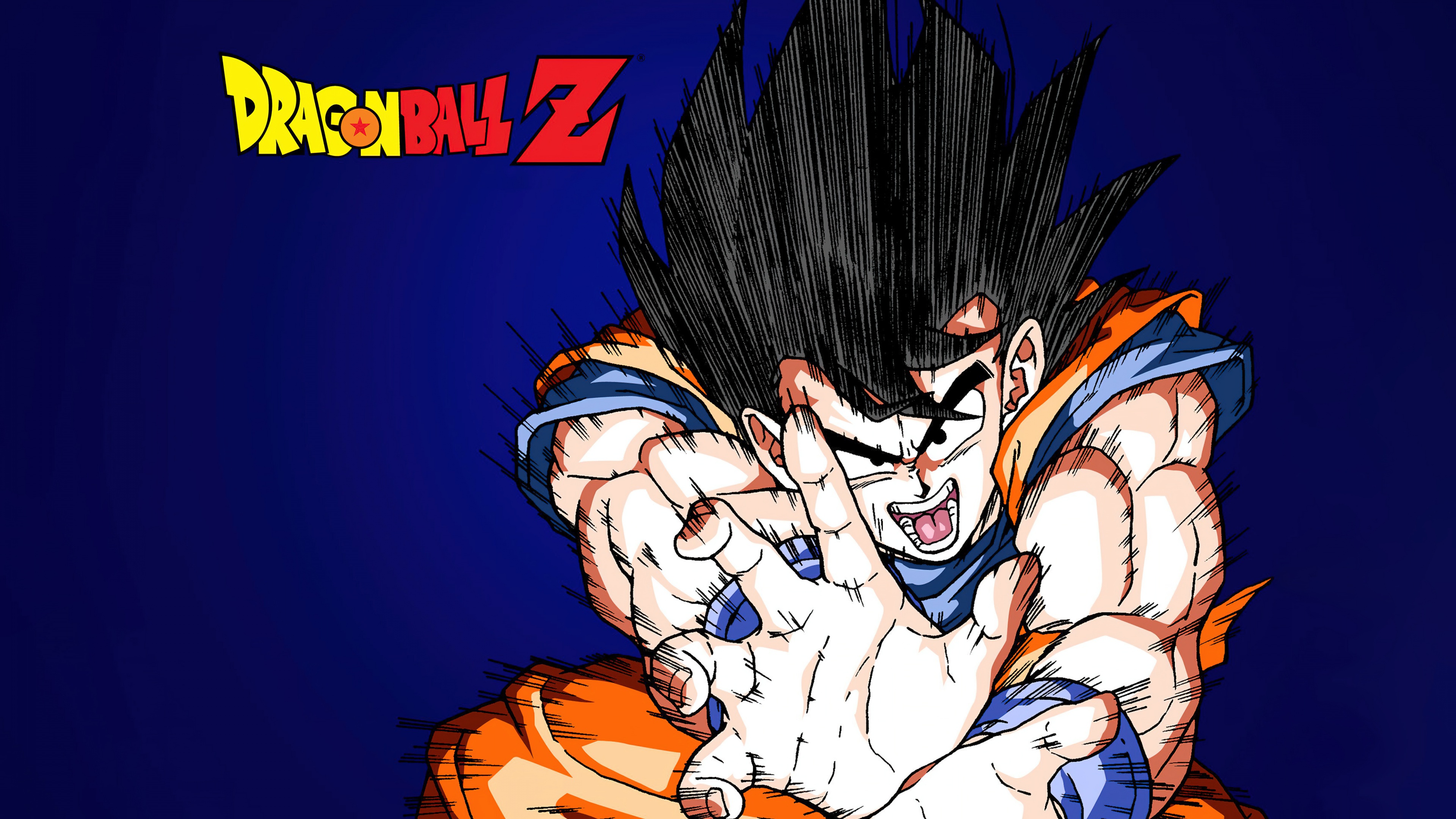 High-resolution 5K portrait of Goku from Dragon Ball Z against a dark blue background.