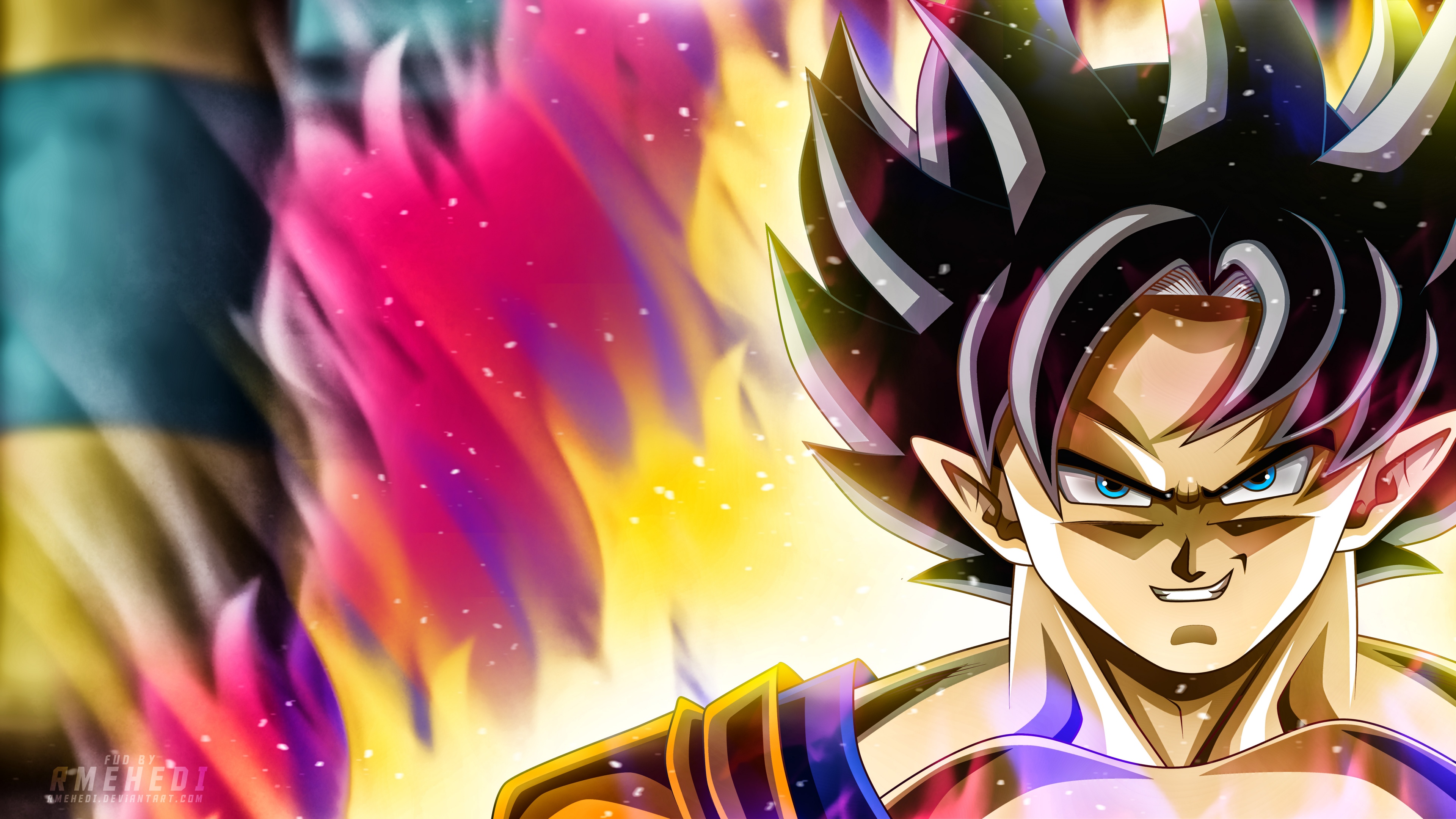Goku in his Ultra Instinct form from Dragon Ball Super featuring a shimmering silver aura and intense gaze.