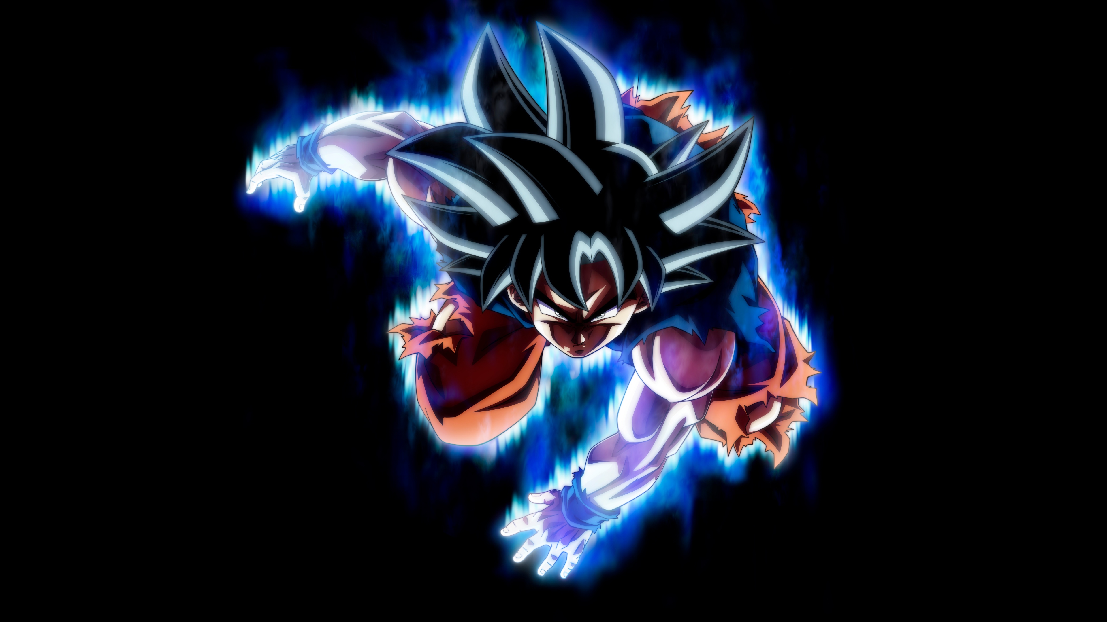 Goku in his Ultra Instinct form from Dragon Ball Super featuring a vibrant aura on a black background