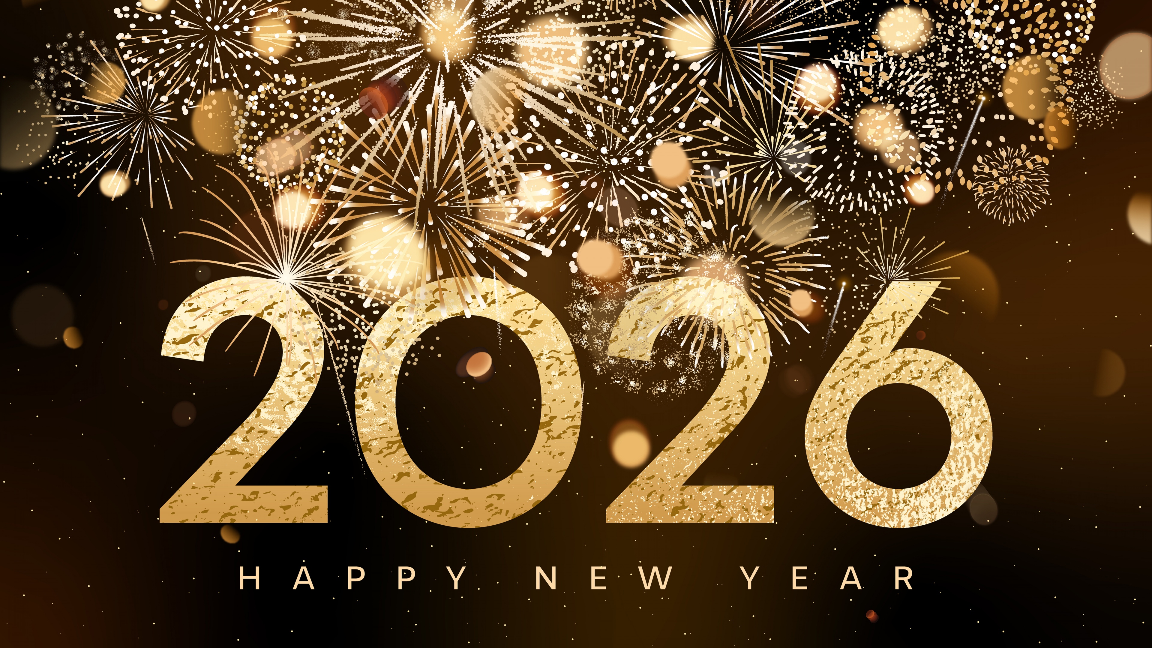Elegant golden Happy New Year 2026 text with sparkling gold fireworks on a black background