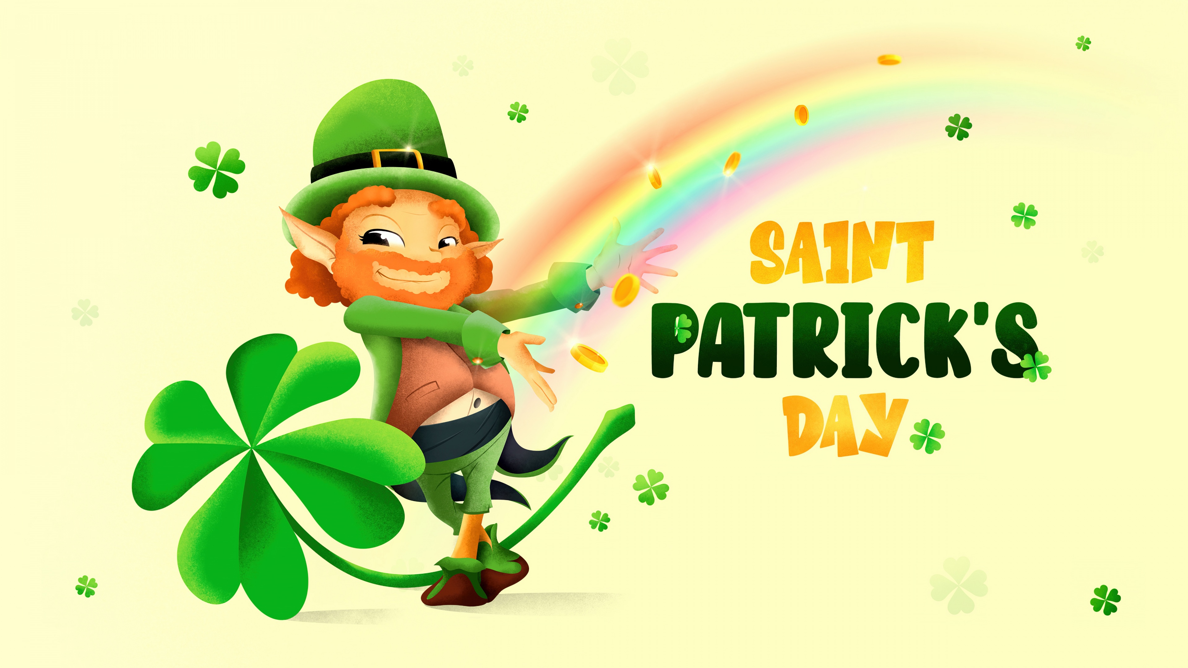 A yellow aesthetic illustration featuring shamrocks and four-leaf clovers for St. Patrick's Day.