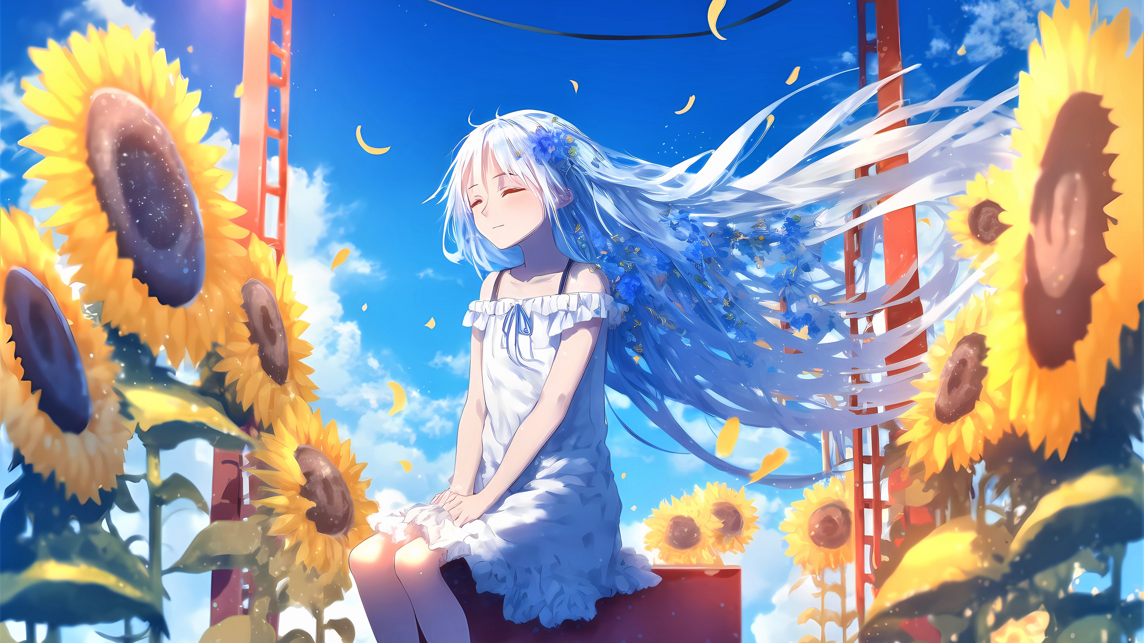 A cheerful anime girl smiling amidst a vast field of blooming yellow sunflowers on a bright sunny day.