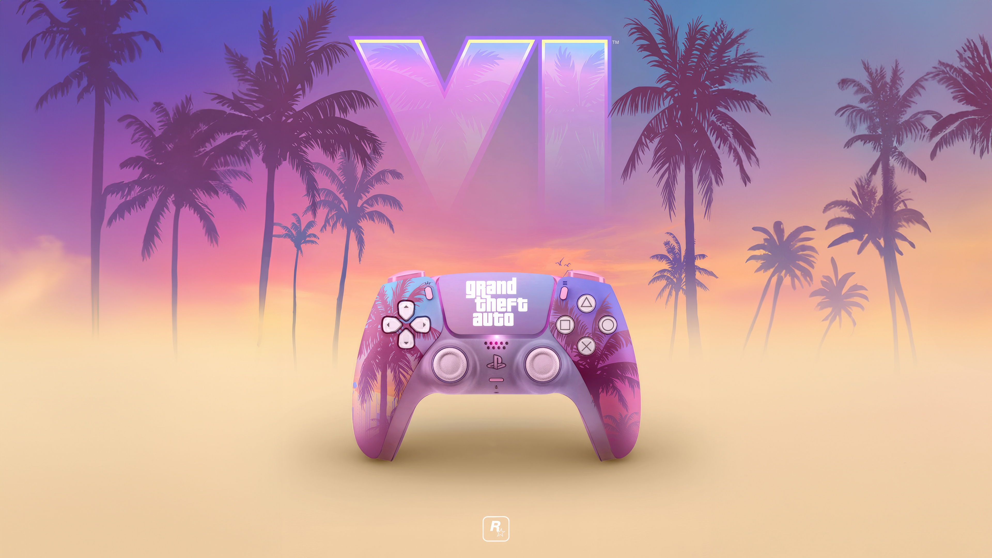 A high-detail 5K image of a PlayStation 5 DualSense Wireless Controller featuring a Grand Theft Auto VI inspired design.