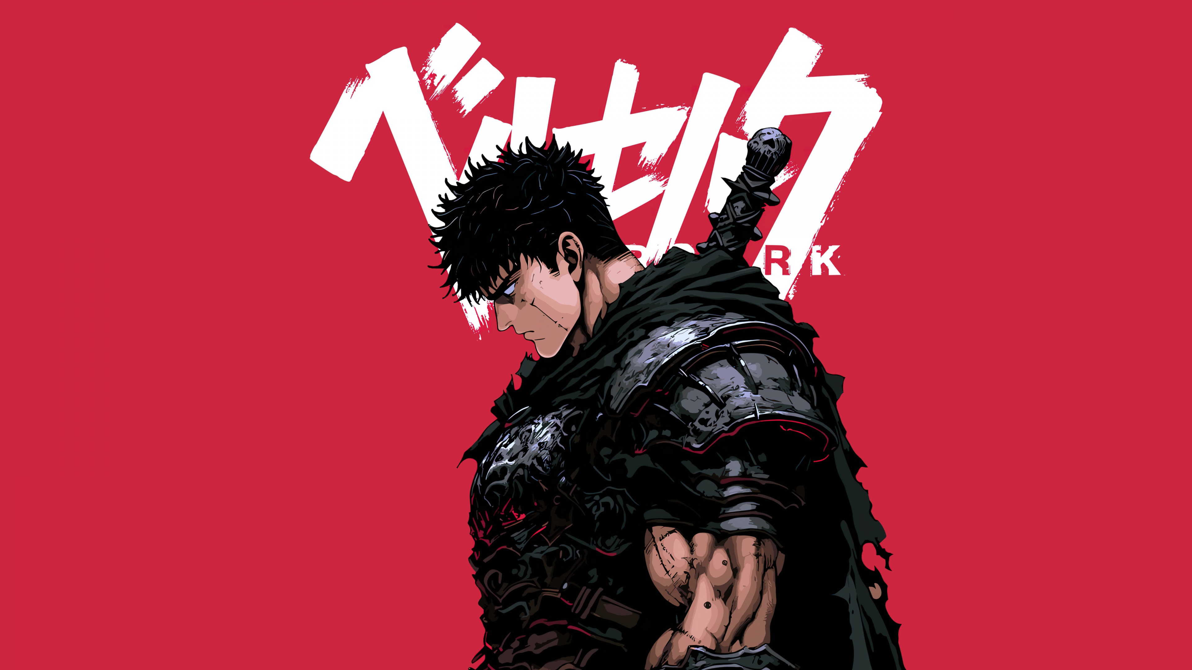 Guts from Berserk holding the massive Dragon Slayer sword against a dramatic red background