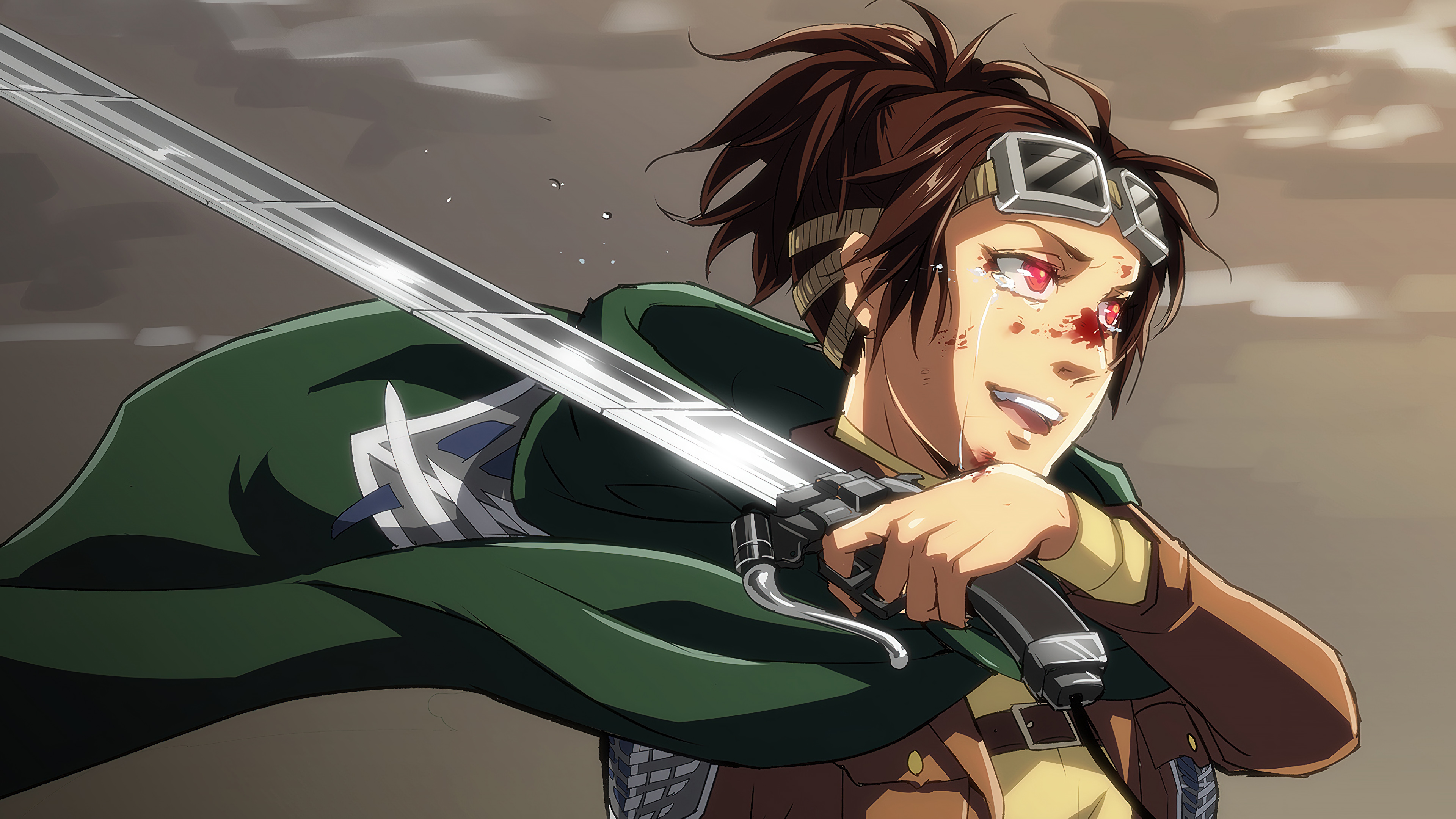A close-up depiction of Hange Zoe from the anime Attack on Titan.