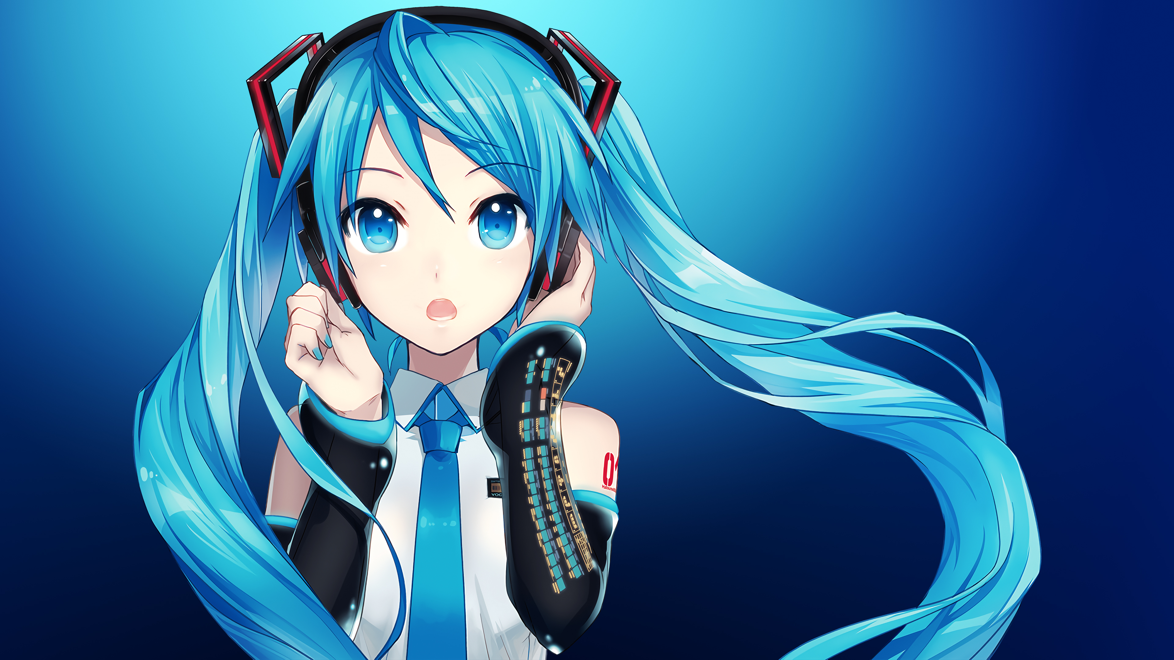 Hatsune Miku from Vocaloid wearing headphones and listening to music with a blue aesthetic anime style
