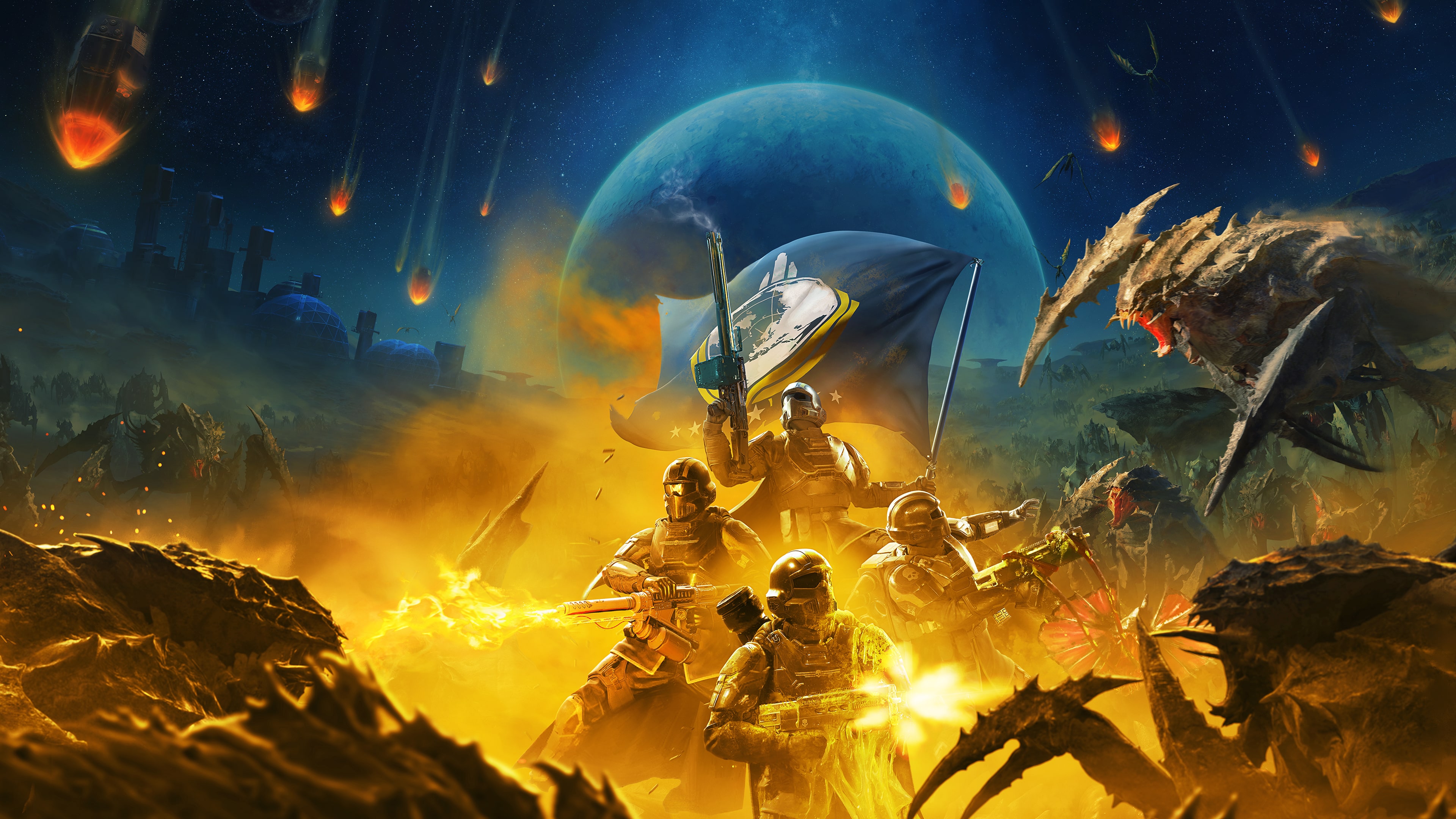 A Helldiver from Helldivers 2 wearing signature combat armor and gear in a sci-fi warzone.