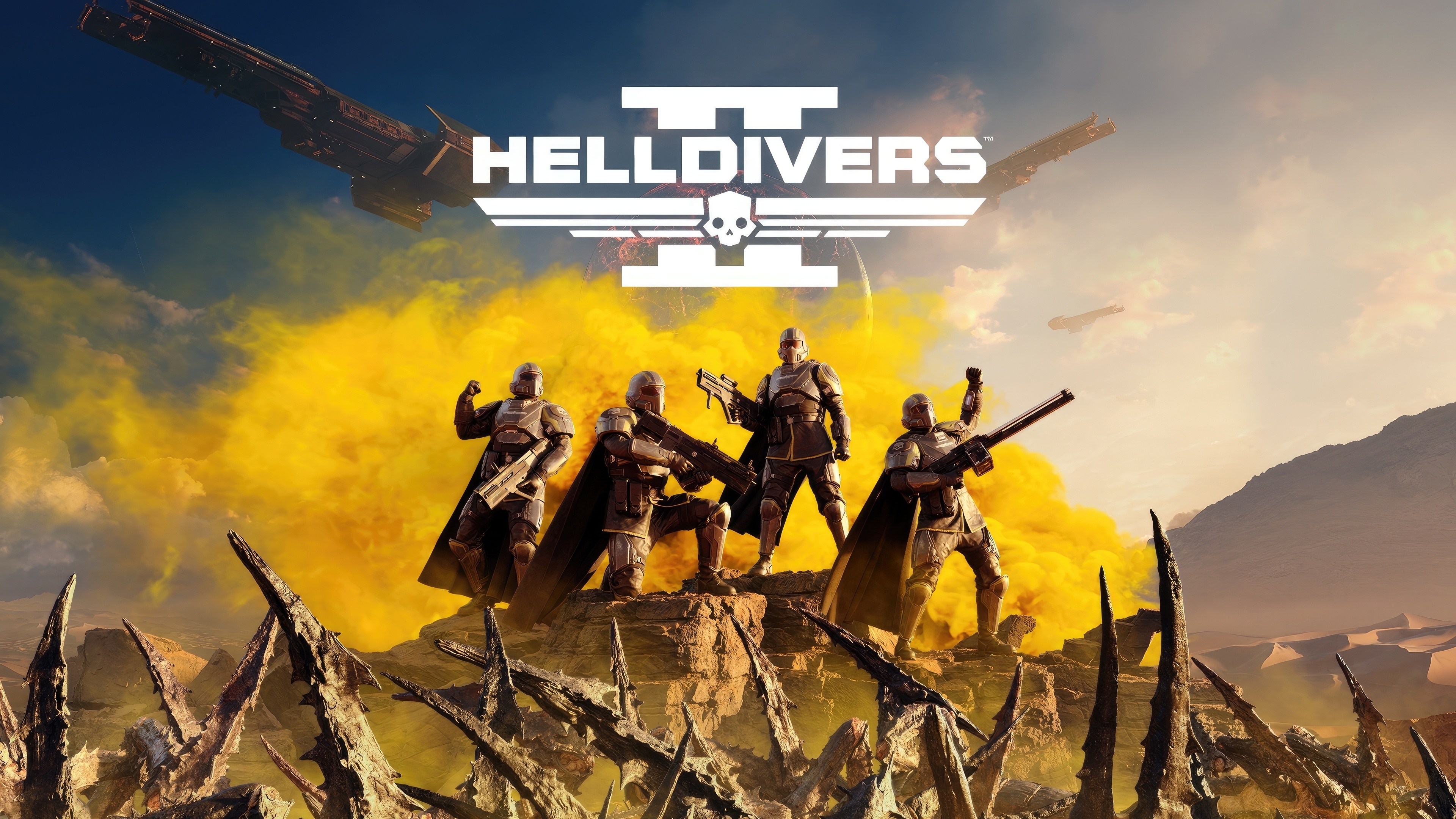 A cinematic shot of a Helldiver character from Helldivers 2 wearing full tactical armor and helmet, presented as official game key art.