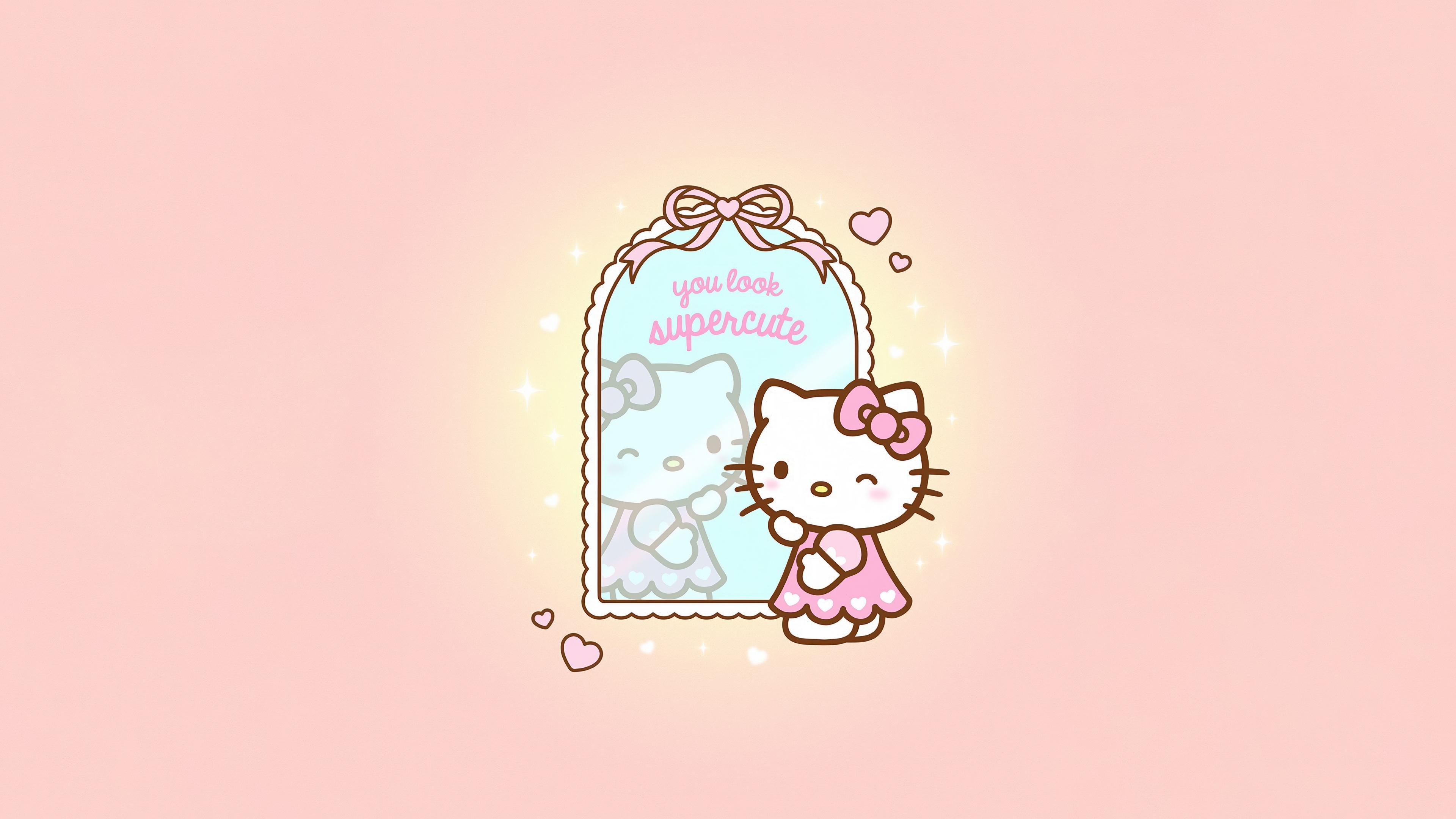 Hello Kitty from Sanrio reflected in a mirror with a soft, colorful pastel aesthetic background.