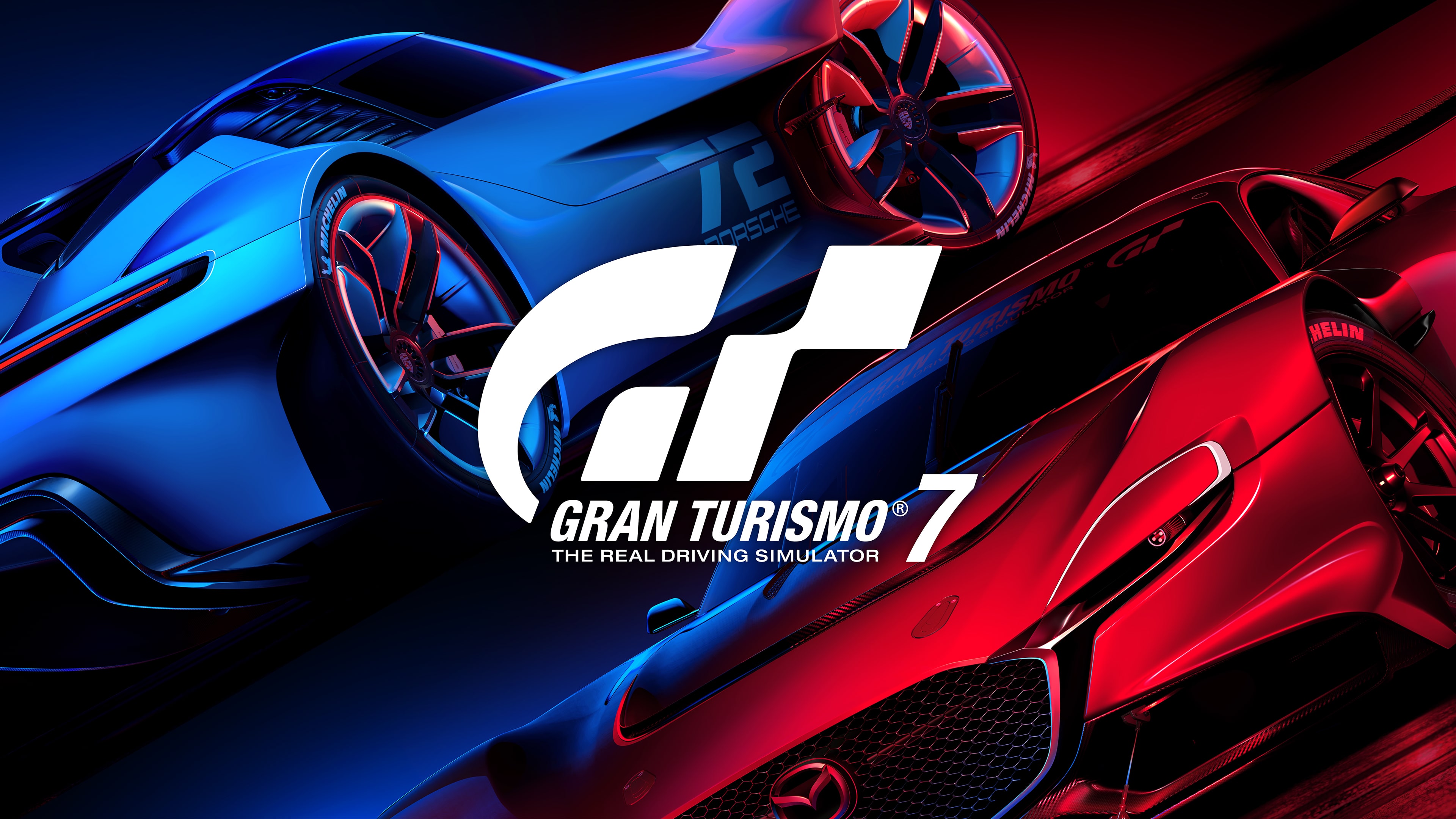 A group of high-performance racing cars speeding through a turn on a professional racetrack, inspired by Gran Turismo 7.
