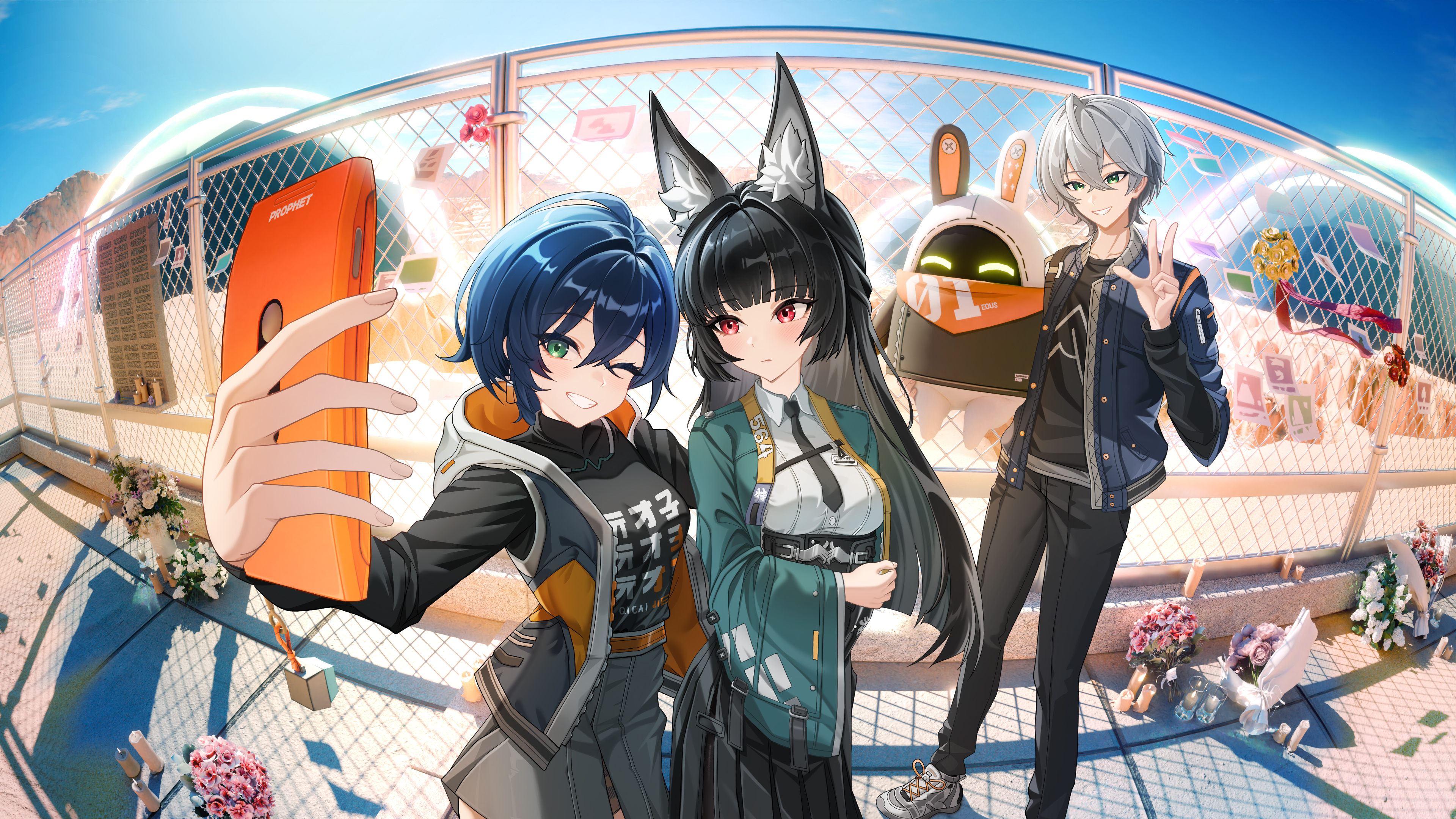 Hoshimi Miyabi, Wise, and Belle from Zenless Zone Zero posing together for a selfie.