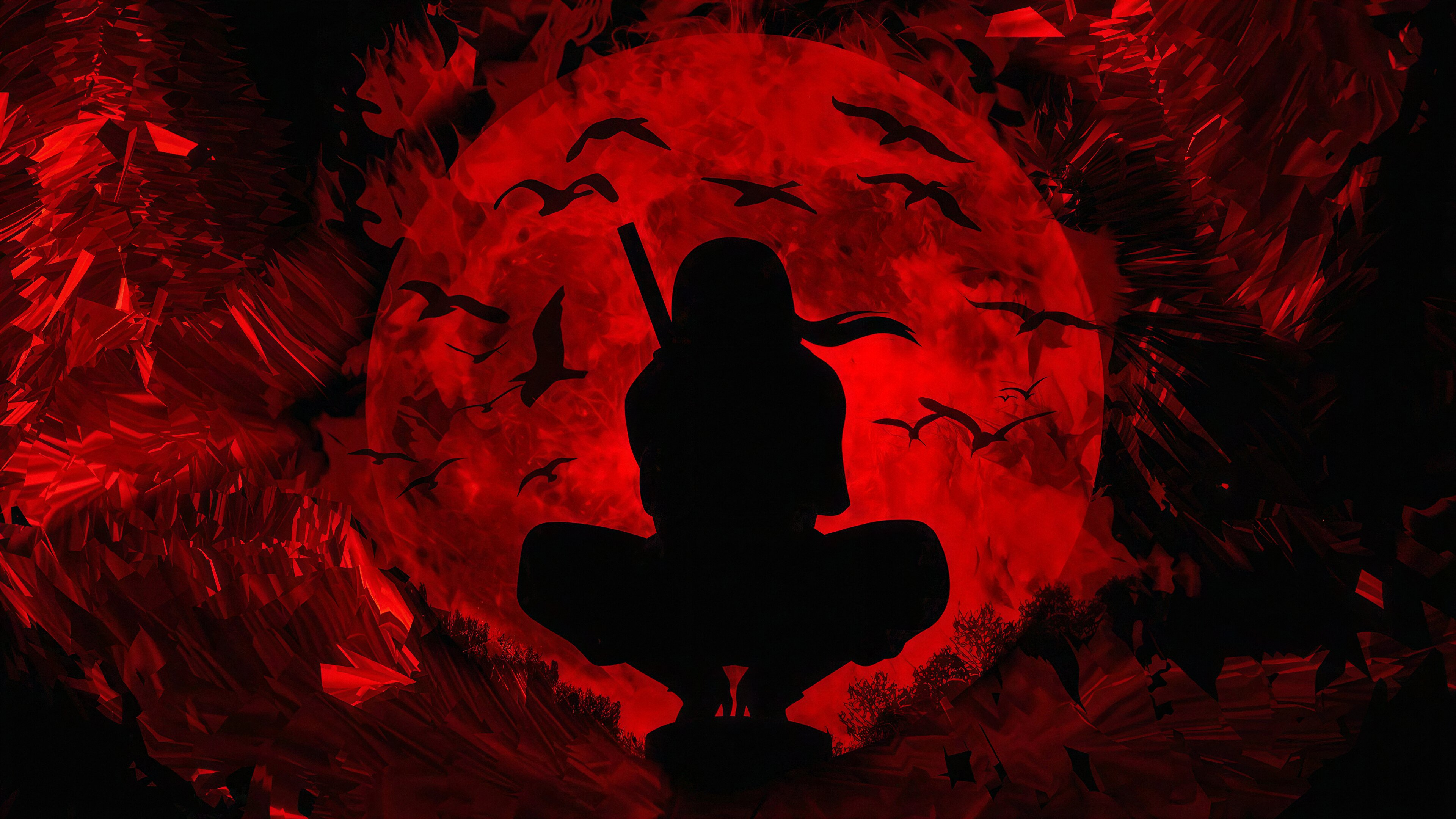 A dark silhouette of Itachi Uchiha from Naruto against a deep red background and a large red moon.