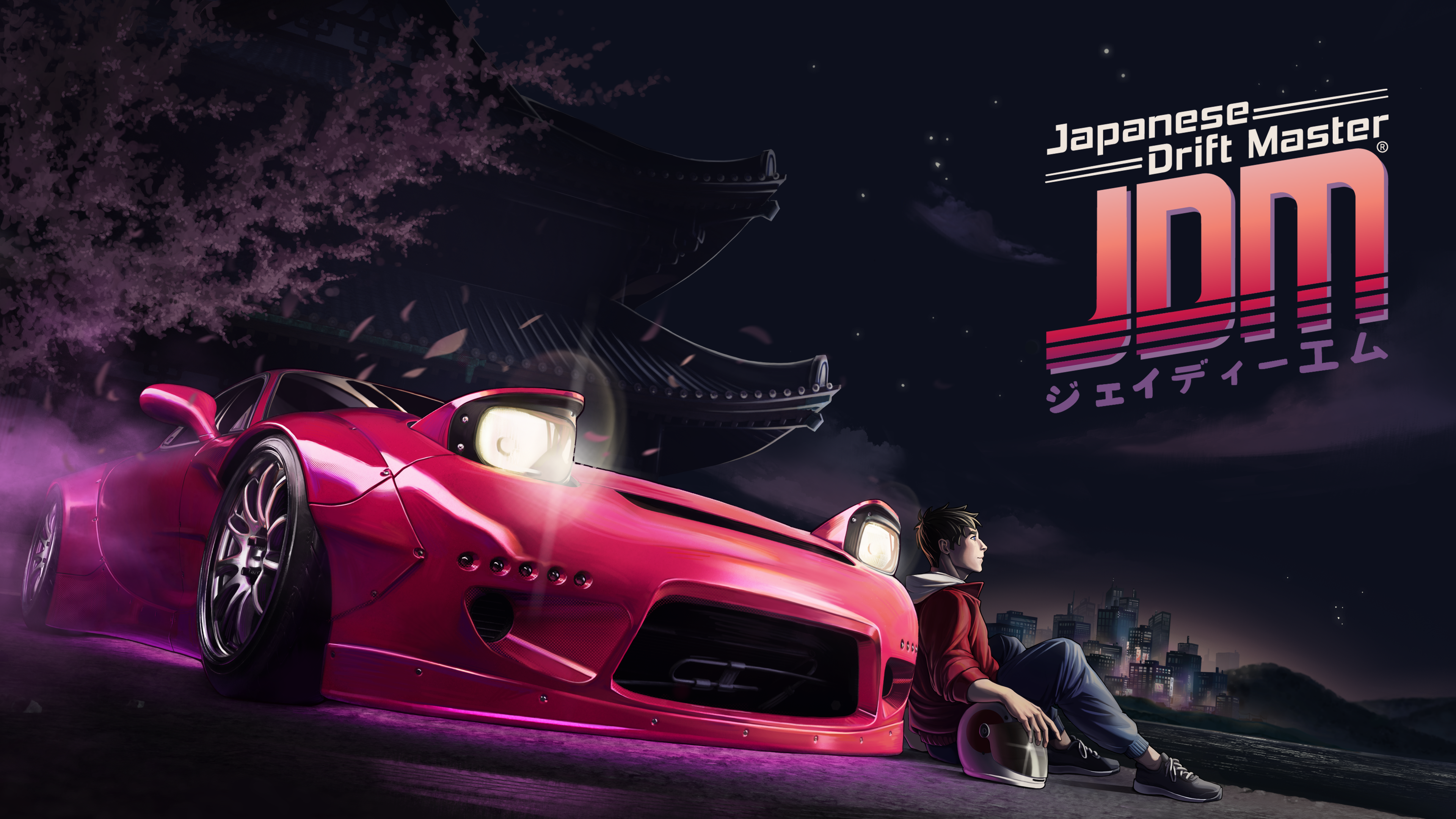 A customized JDM drift car navigating a neon-lit Japanese street at night, featured in Japanese Drift Master key art.