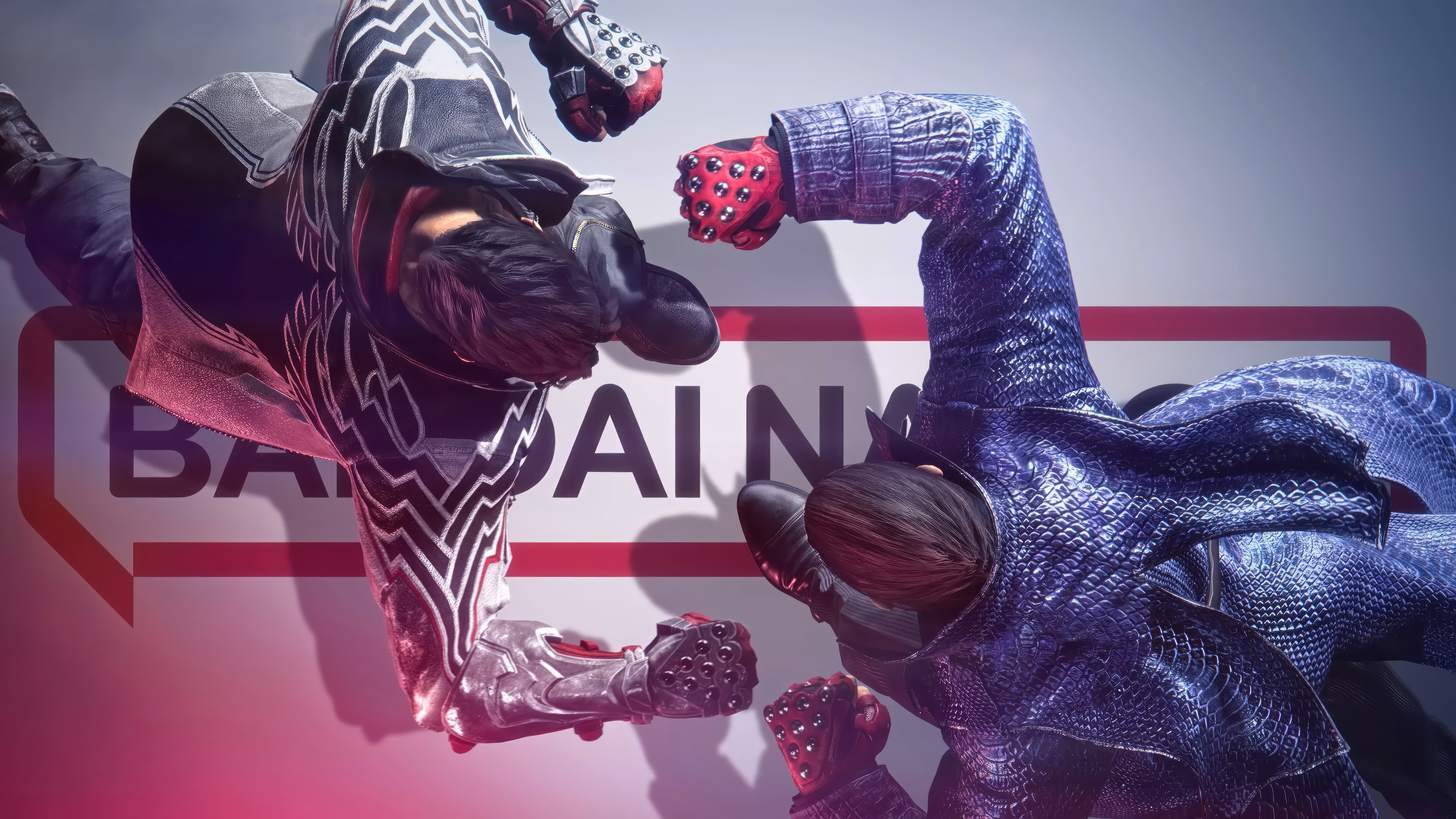 Jin Kazama and Kazuya Mishima from Tekken 8 facing off in a cinematic setting