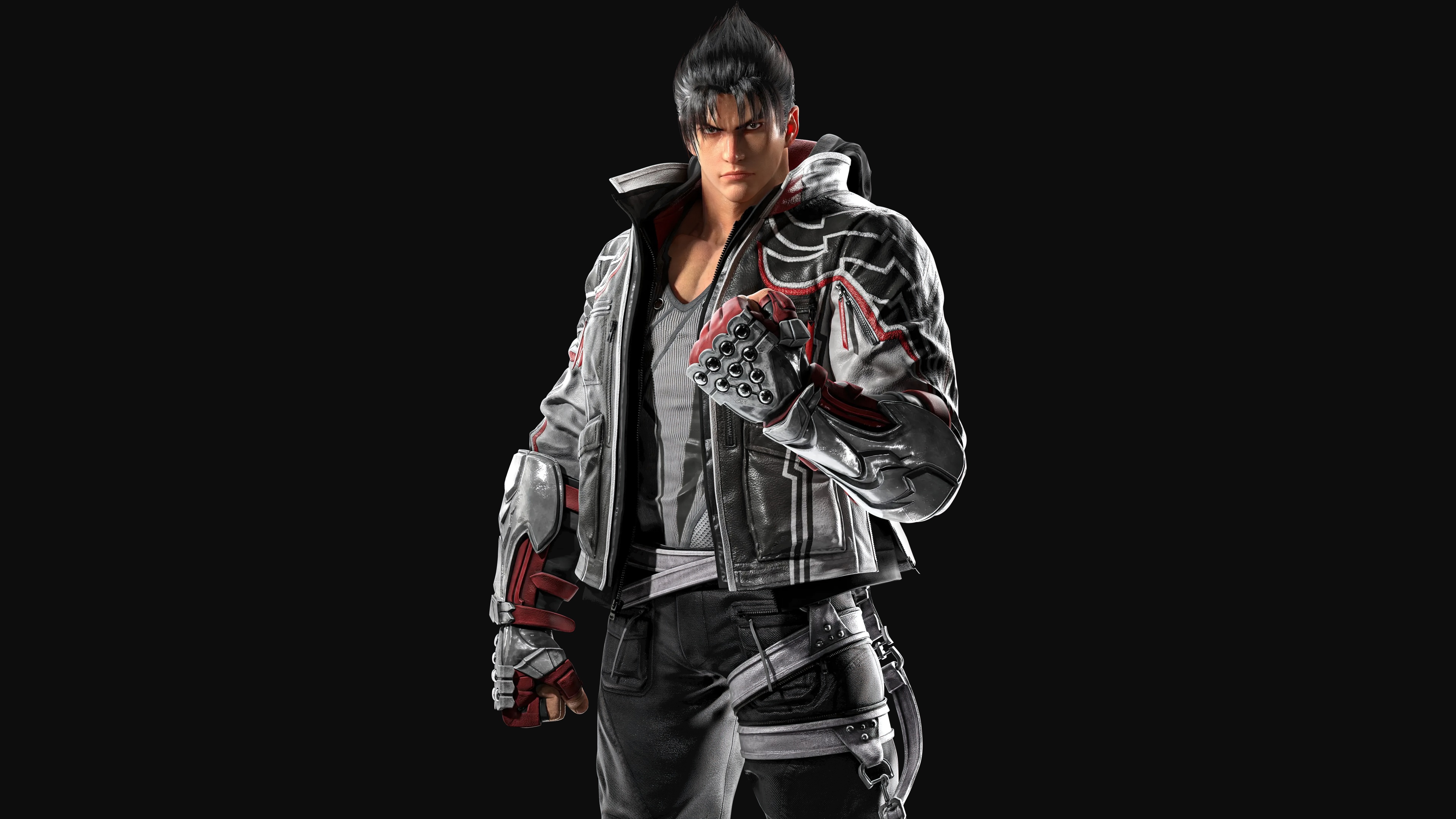 A high-resolution, dramatic portrait of Jin Kazama from Tekken 8 against a dark, atmospheric background.