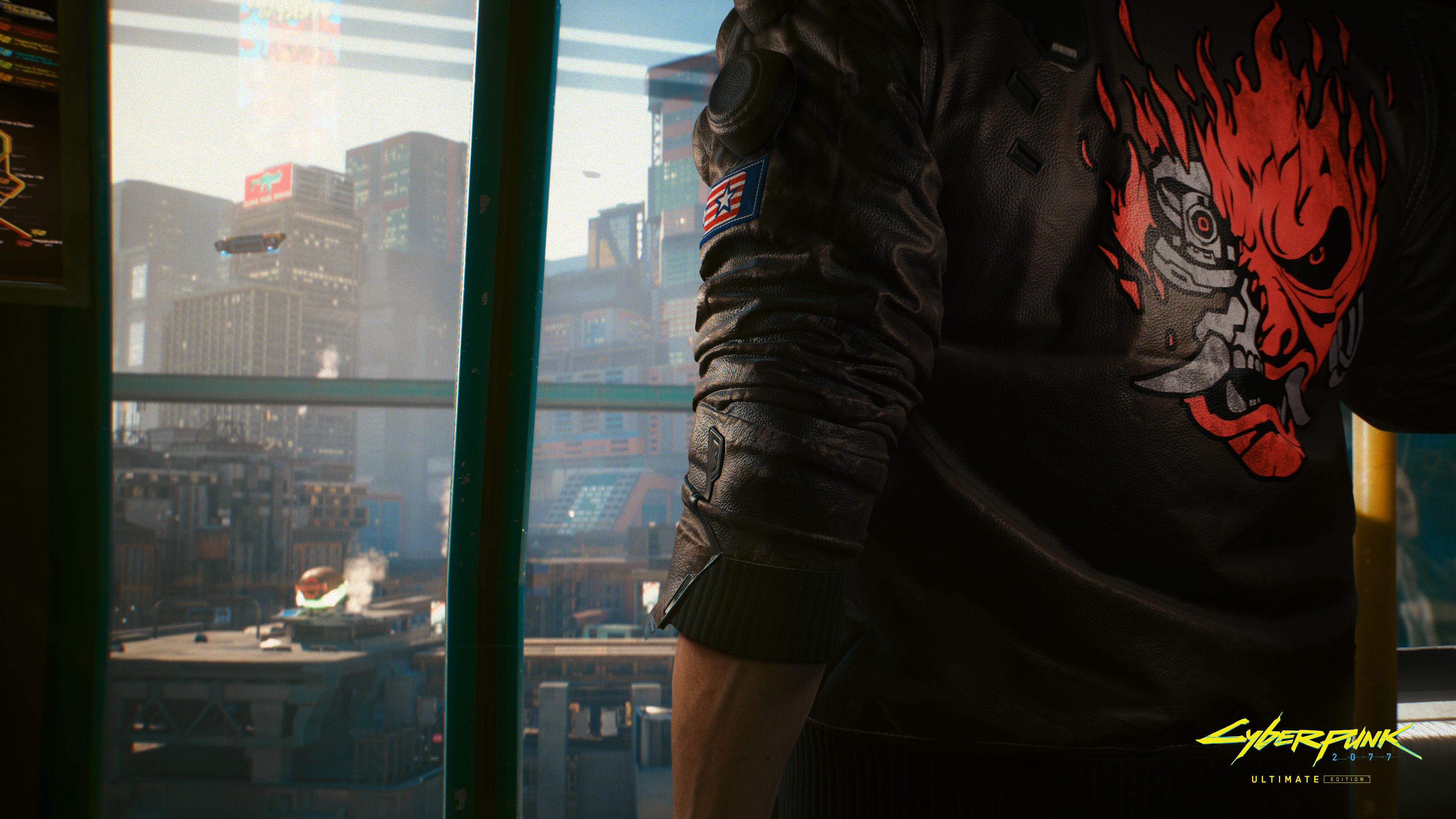 Johnny Silverhand wearing the signature black and red Samurai jacket from Cyberpunk 2077.