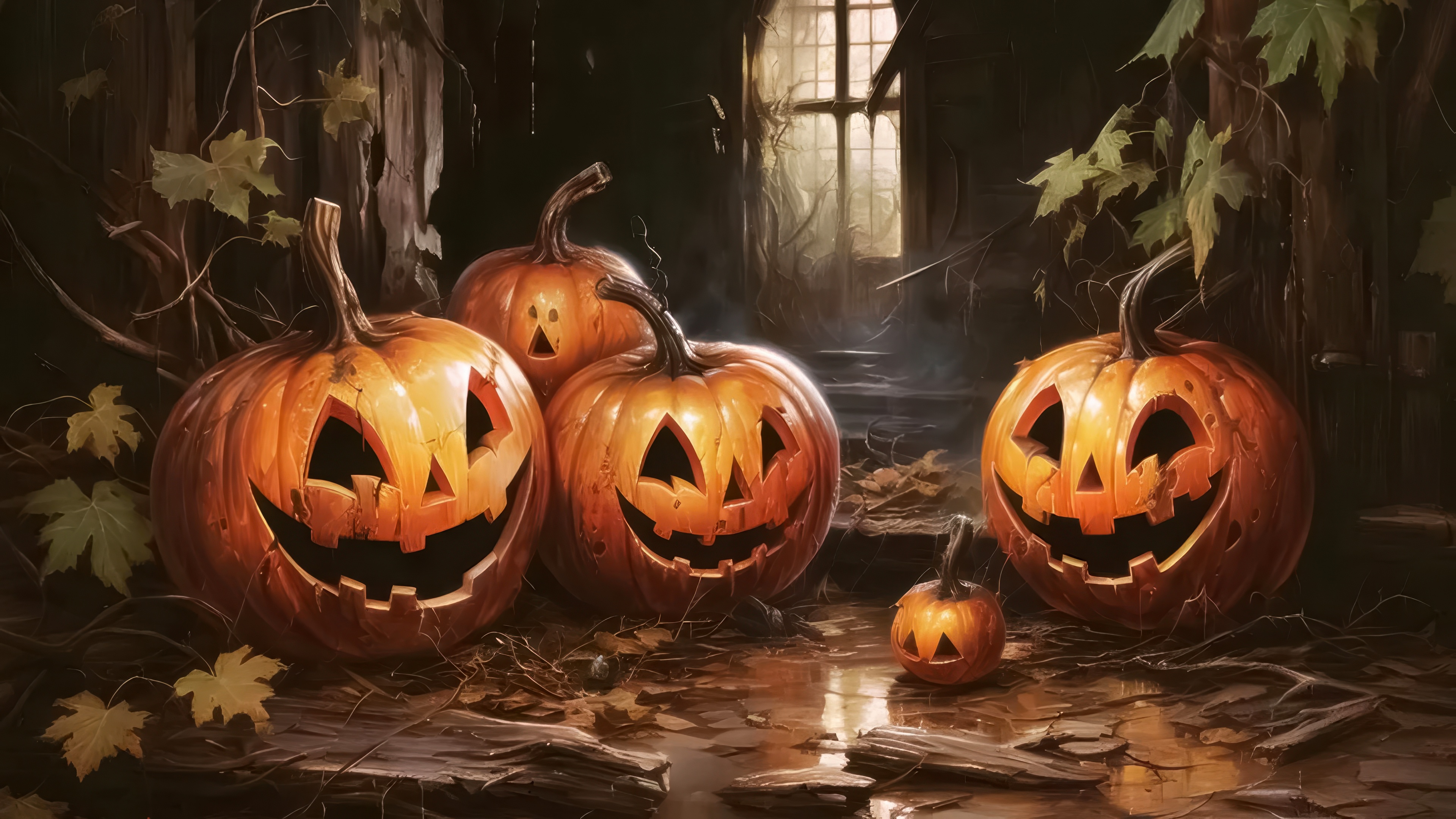 A group of carved Halloween pumpkins with wide laughing faces in a spooky night setting.