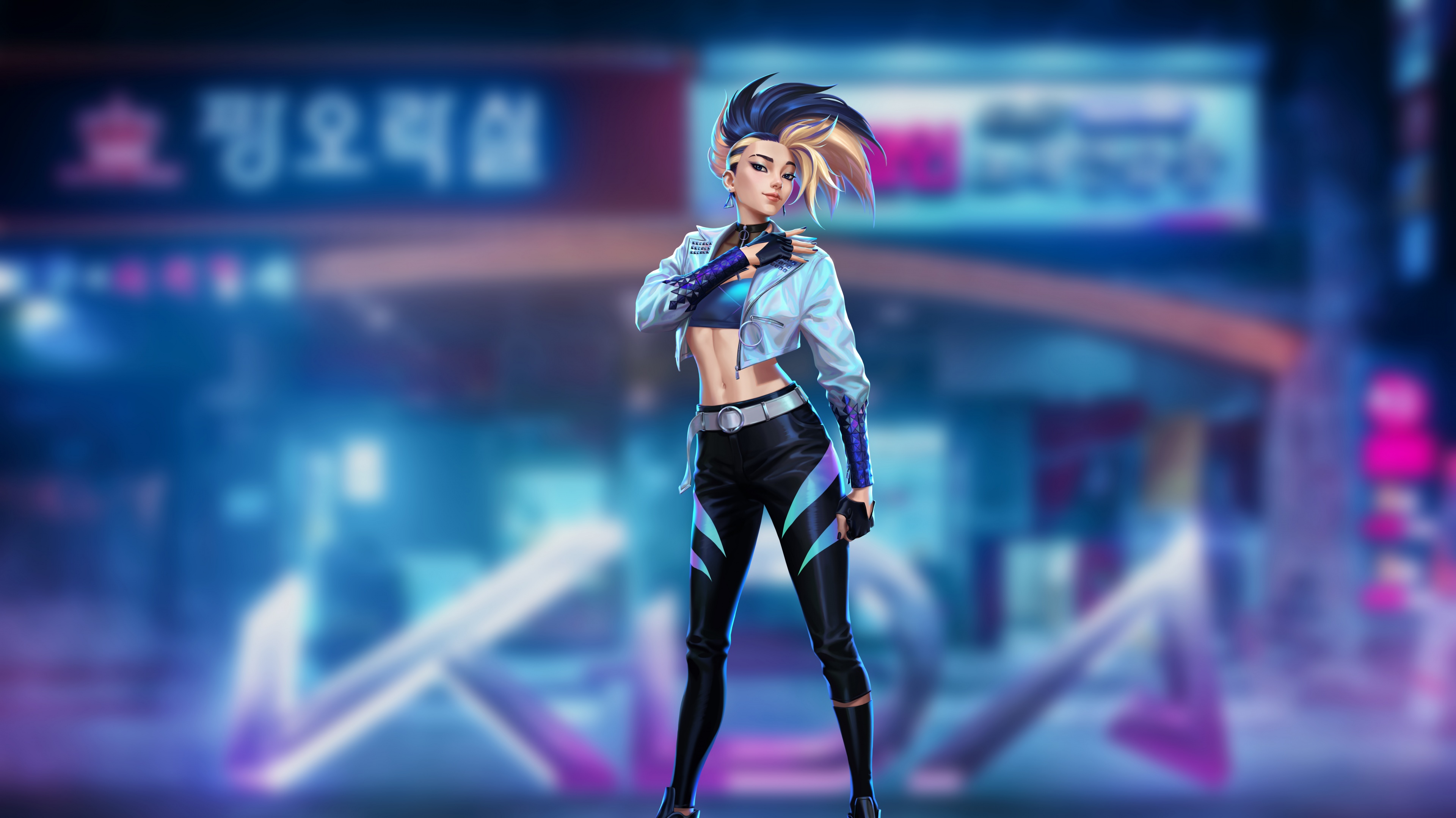 Akali from League of Legends in K/DA K-pop style set against a glowing neon background.