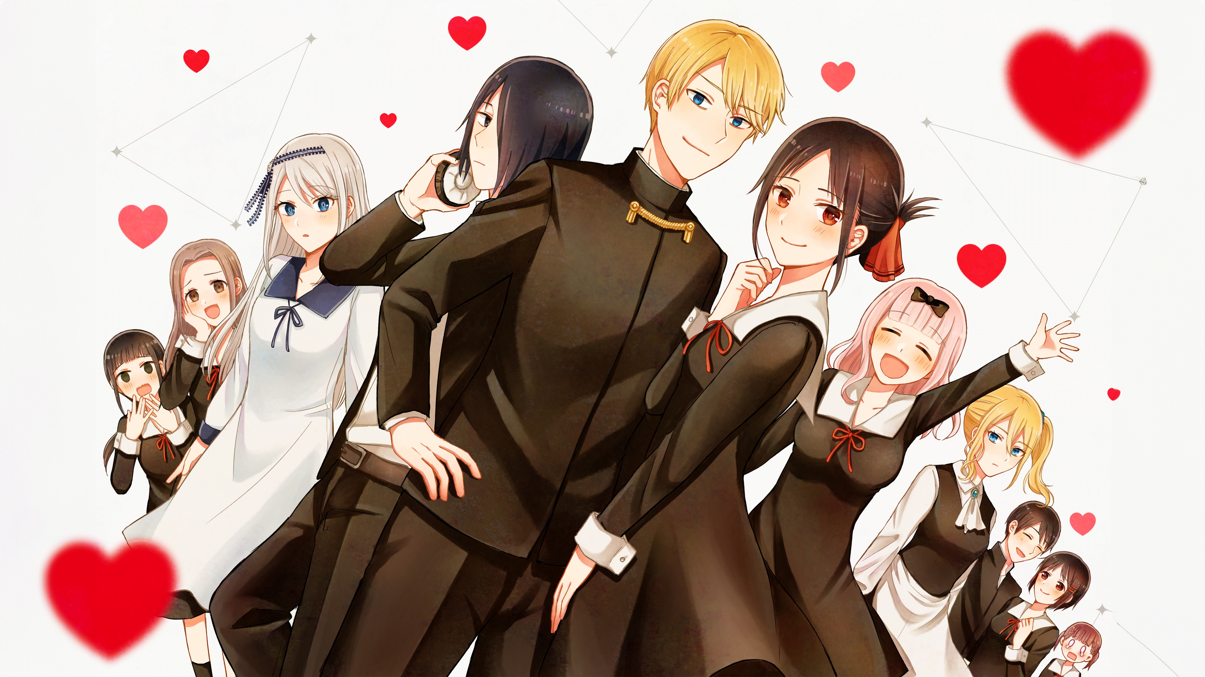 An ensemble of Kaguya Shinomiya, Miyuki Shirogane, Chika Fujiwara, and Yuu Ishigami from the anime series Kaguya-sama: Love is War.