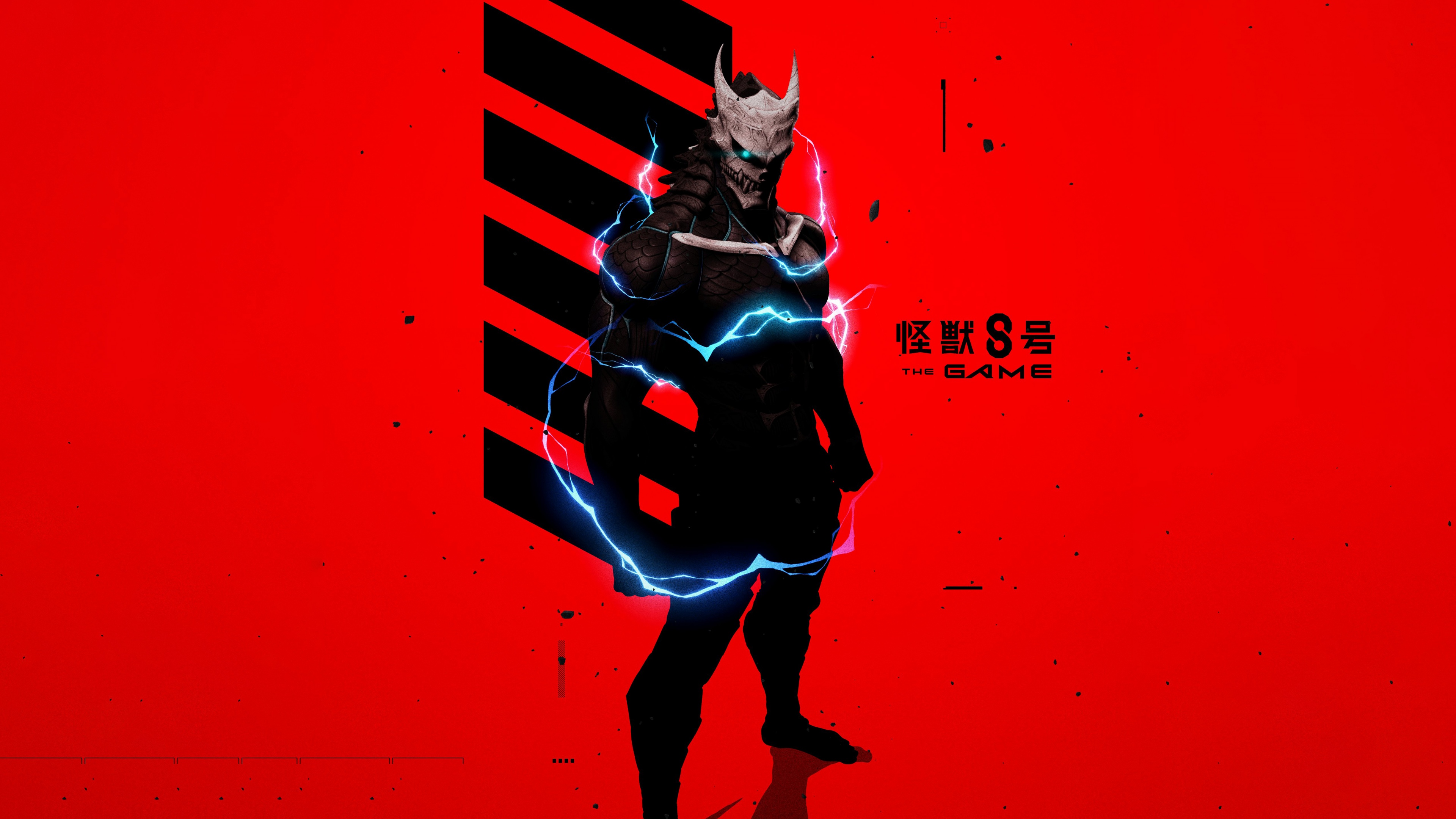 A cinematic video game style illustration of Kaiju No. 8 from the anime Kaiju No. 8 against a bold red background.