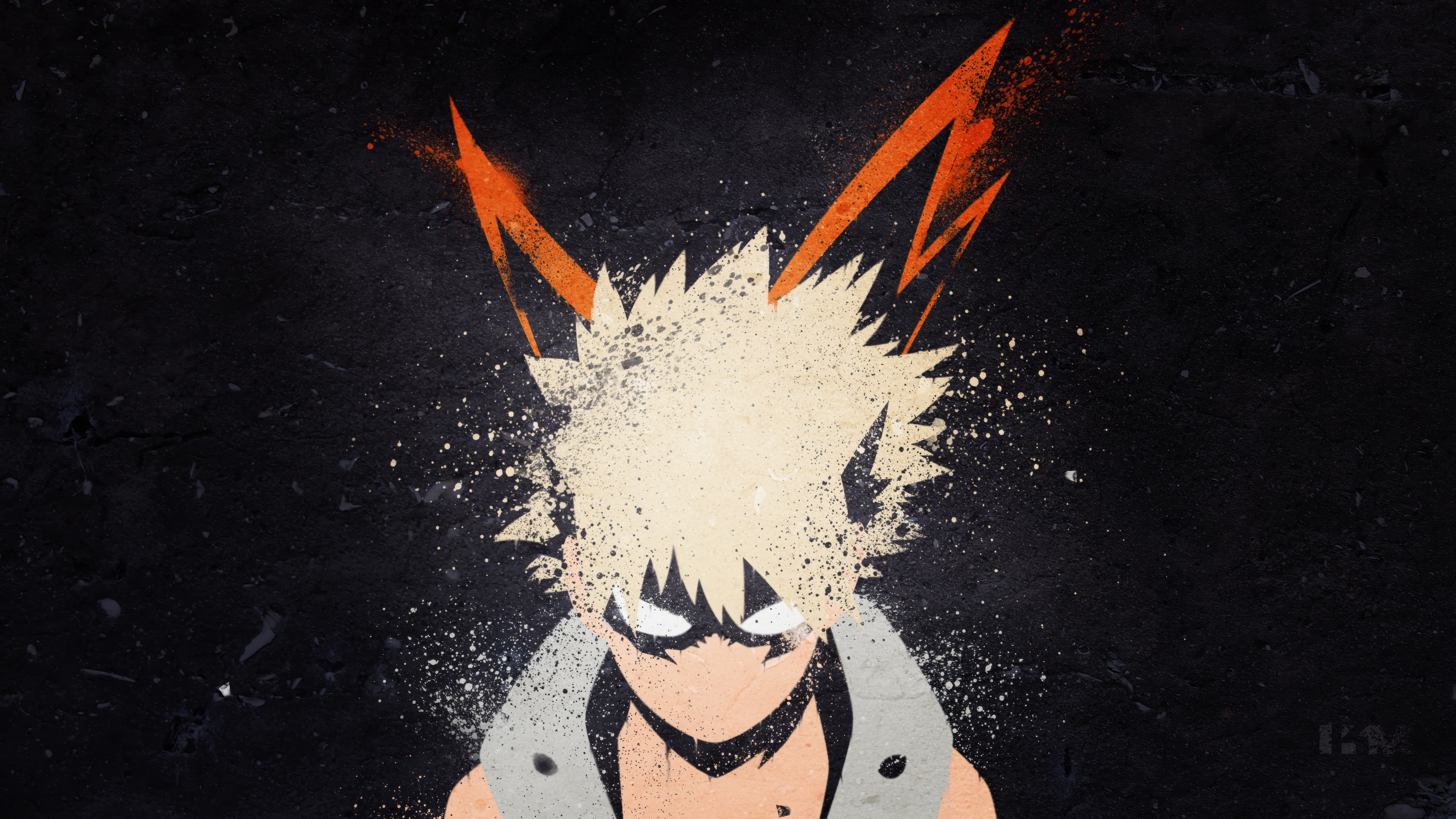 A detailed illustration of Katsuki Bakugo from My Hero Academia against a dark, moody background.
