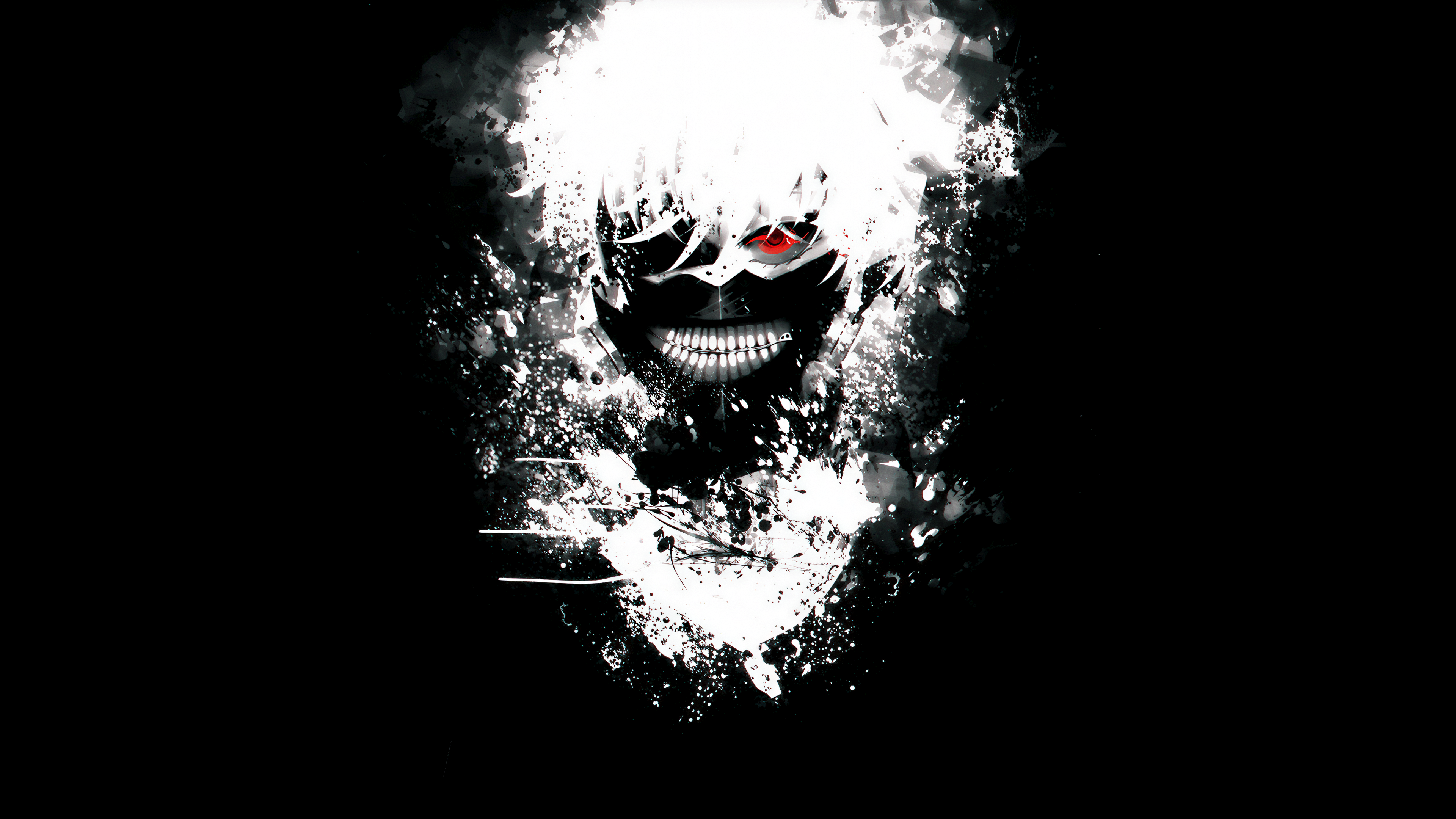 A high-contrast black and white close-up portrait of Ken Kaneki from Tokyo Ghoul against a black background.
