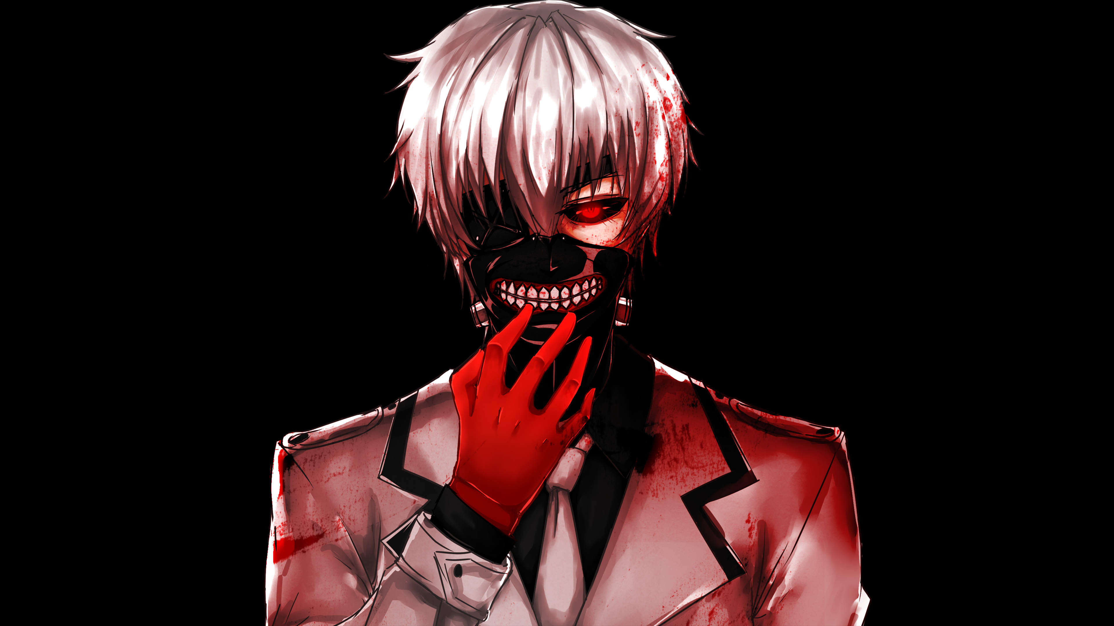 Ken Kaneki from Tokyo Ghoul with blood splatters on a black AMOLED background