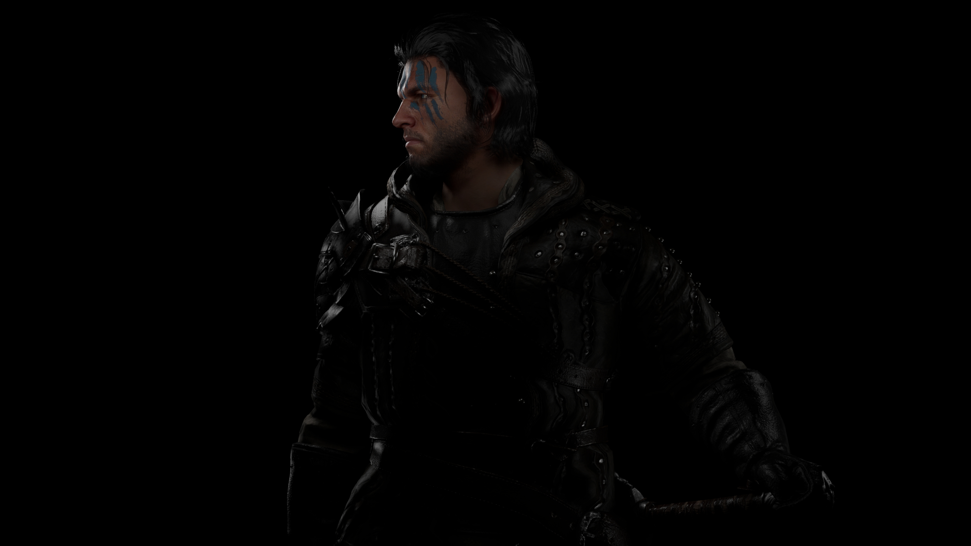A dramatic close-up of Kliff from Crimson Desert set against a pitch-black background.