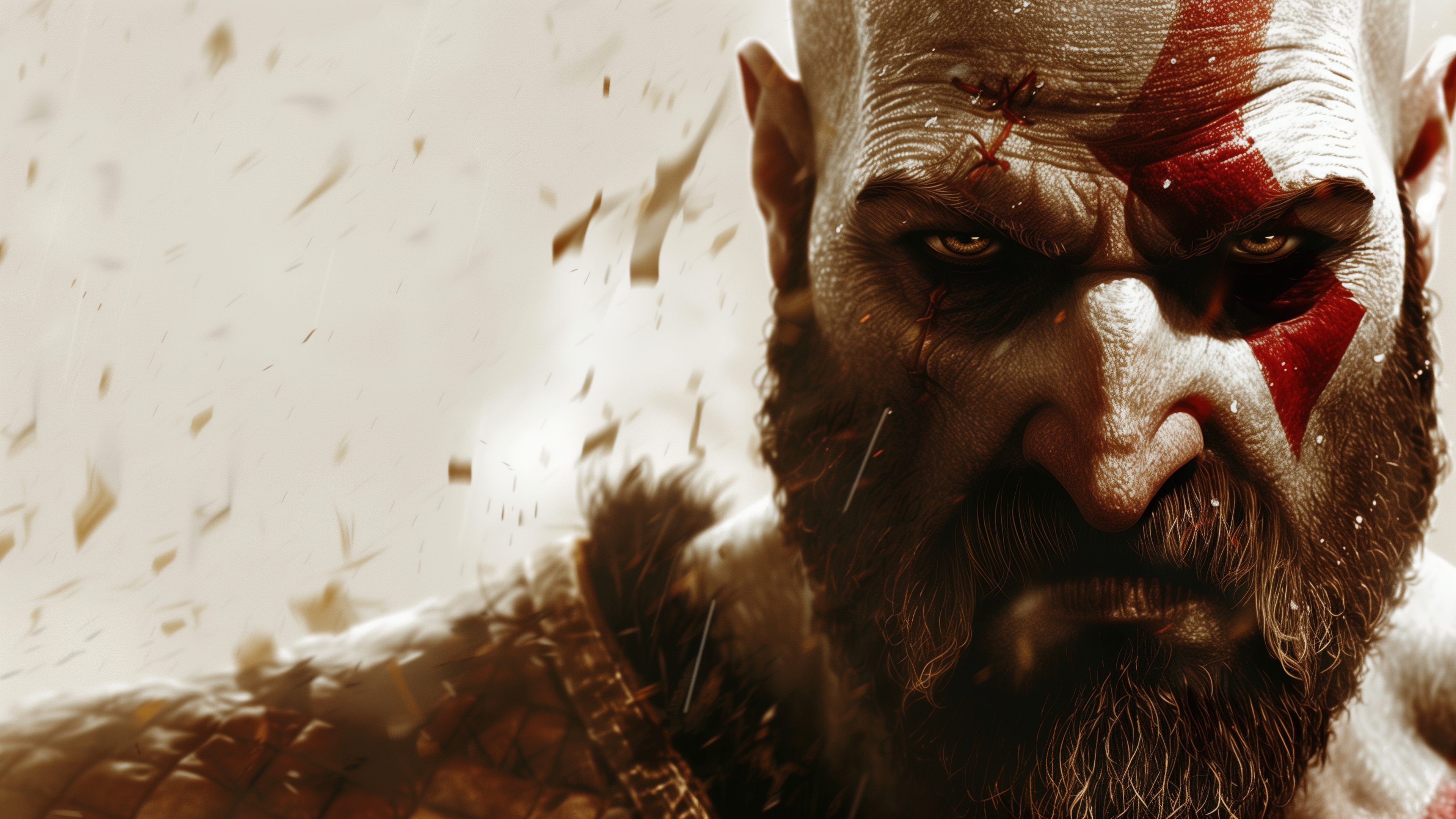 A detailed close-up of Kratos from God of War, featuring his signature red tattoos and fierce expression.
