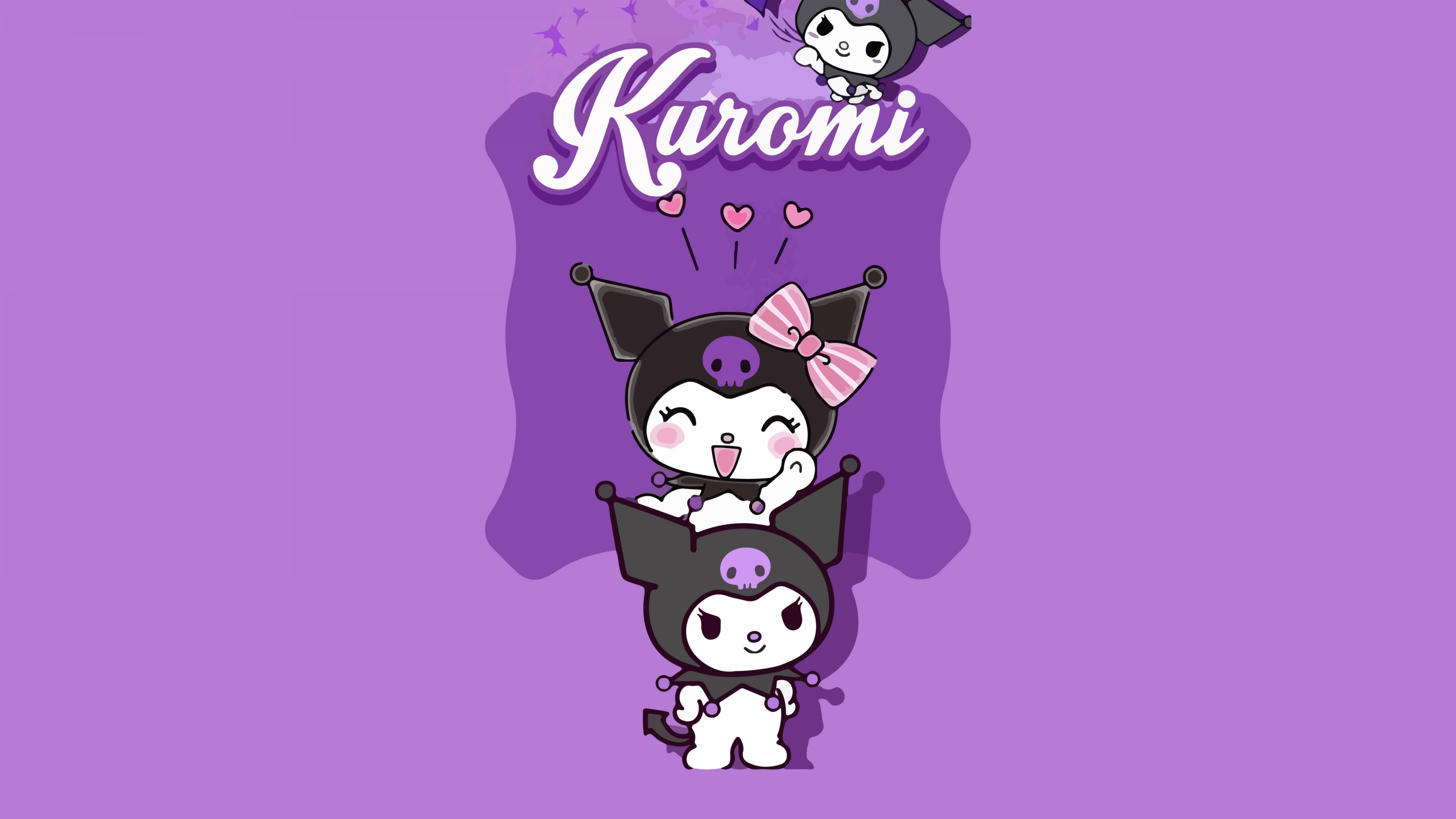 Kawaii illustration of Kuromi from Sanrio on a purple background