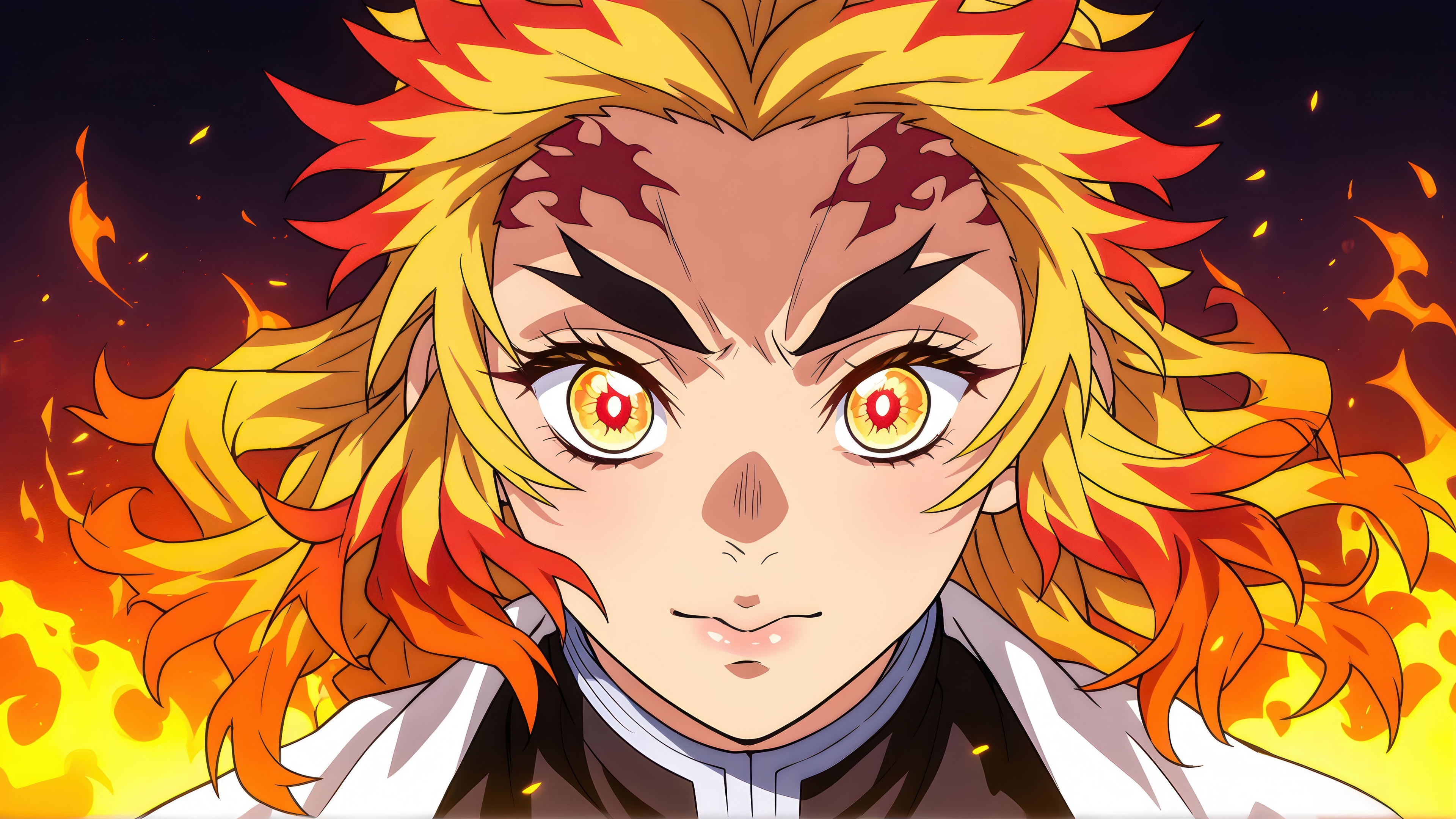 Kyojuro Rengoku from Demon Slayer: Kimetsu no Yaiba surrounded by dramatic and intense fire effects.