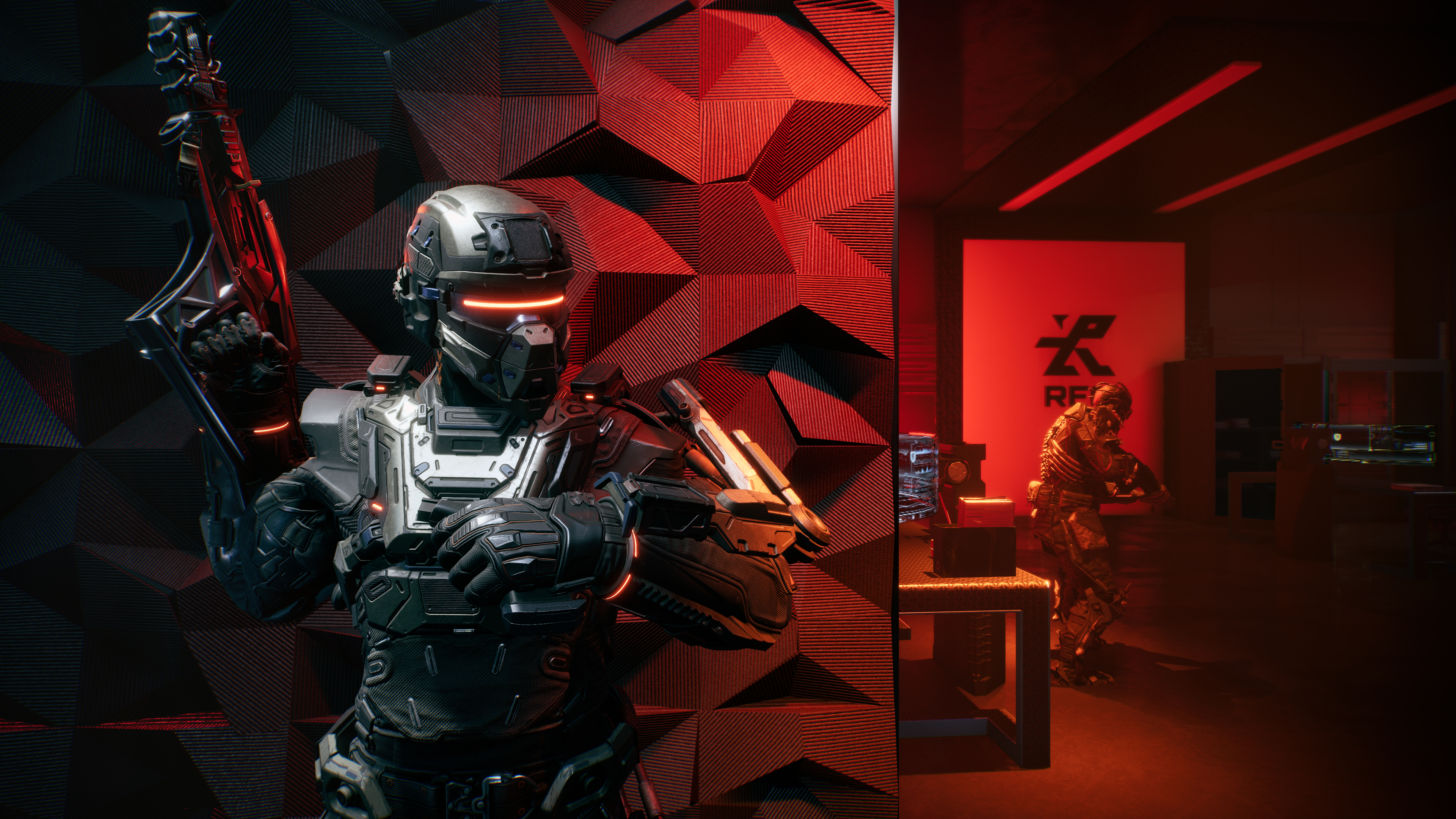 A cinematic gameplay shot from La Quimera featuring futuristic characters and advanced sci-fi environments.