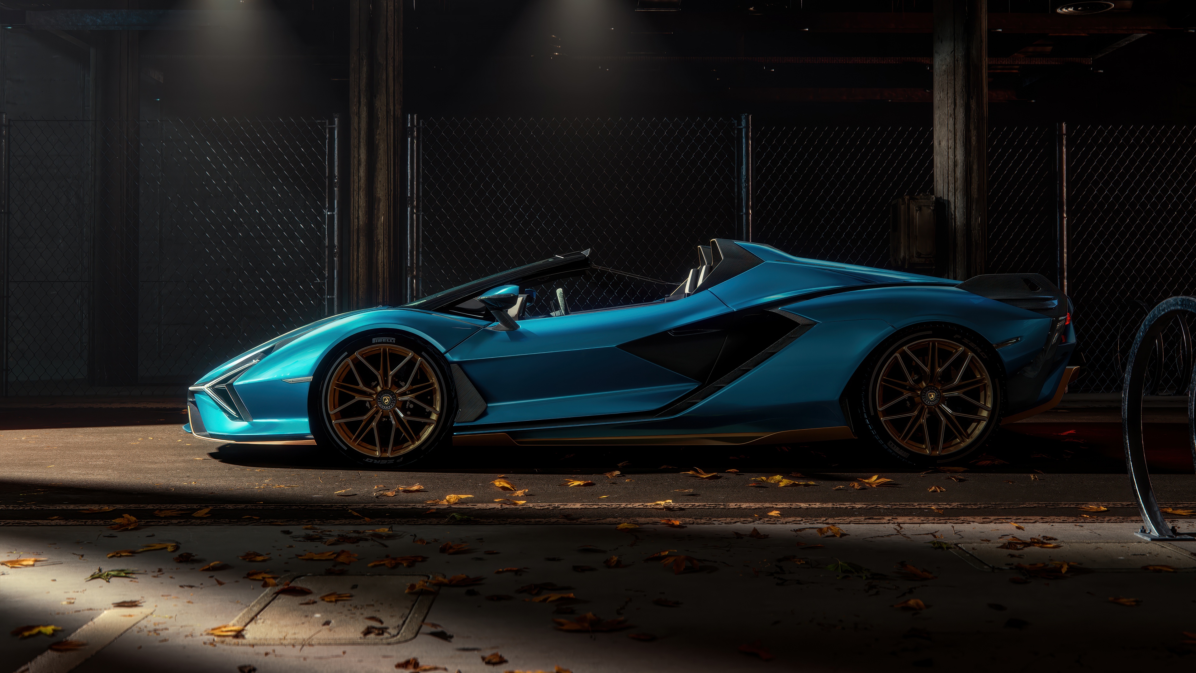 A high-resolution, aesthetic shot of a Lamborghini Sián Roadster parked inside a modern, minimalist aircraft hangar.