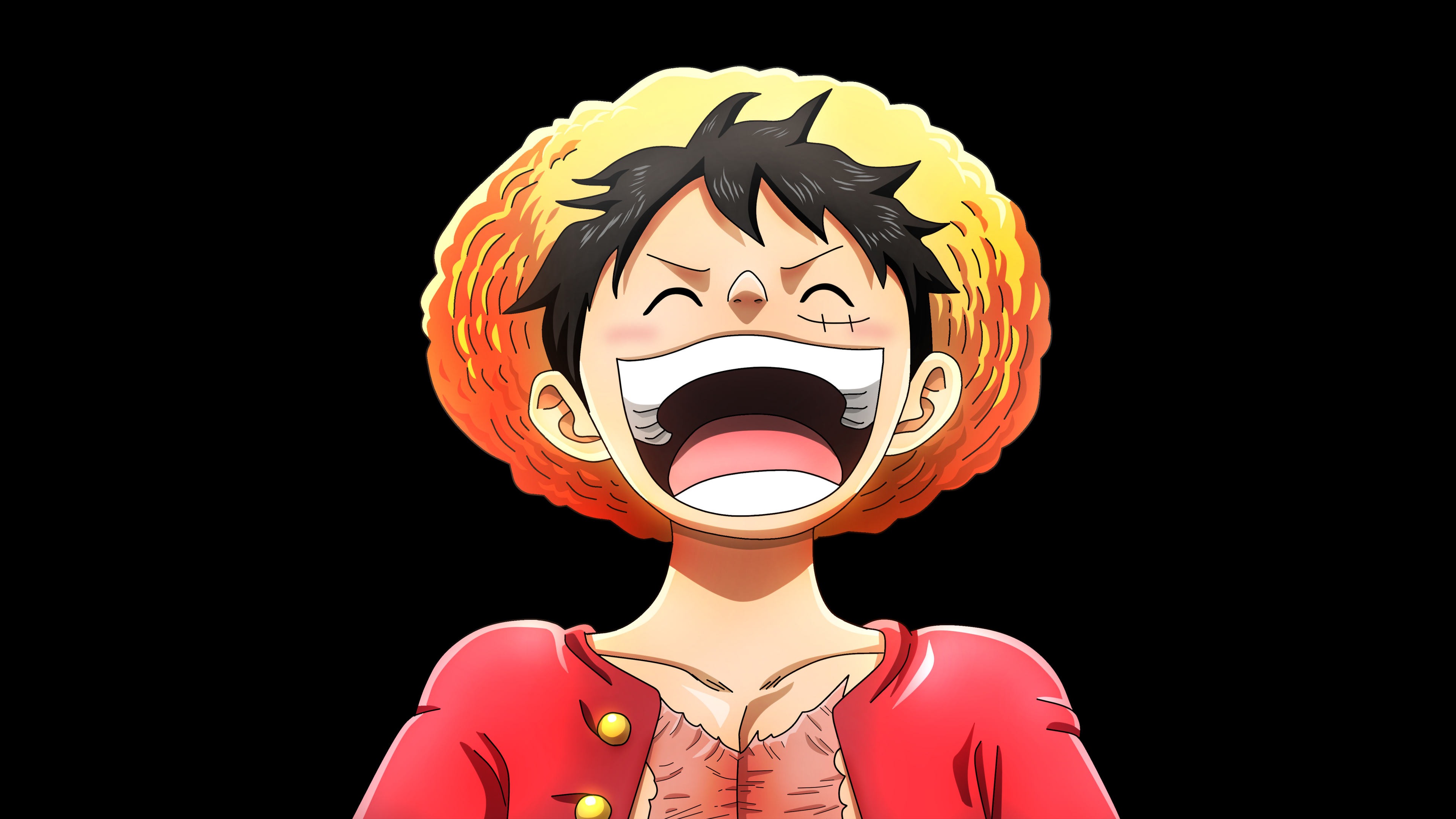 Monkey D. Luffy from One Piece laughing joyfully against a black background