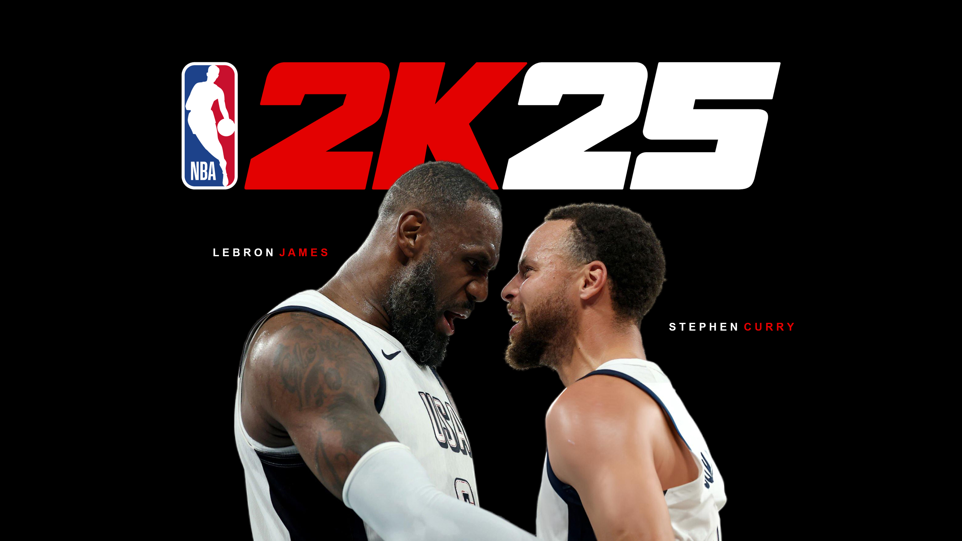 LeBron James and Stephen Curry portraits from the NBA 2K25 video game on a black background