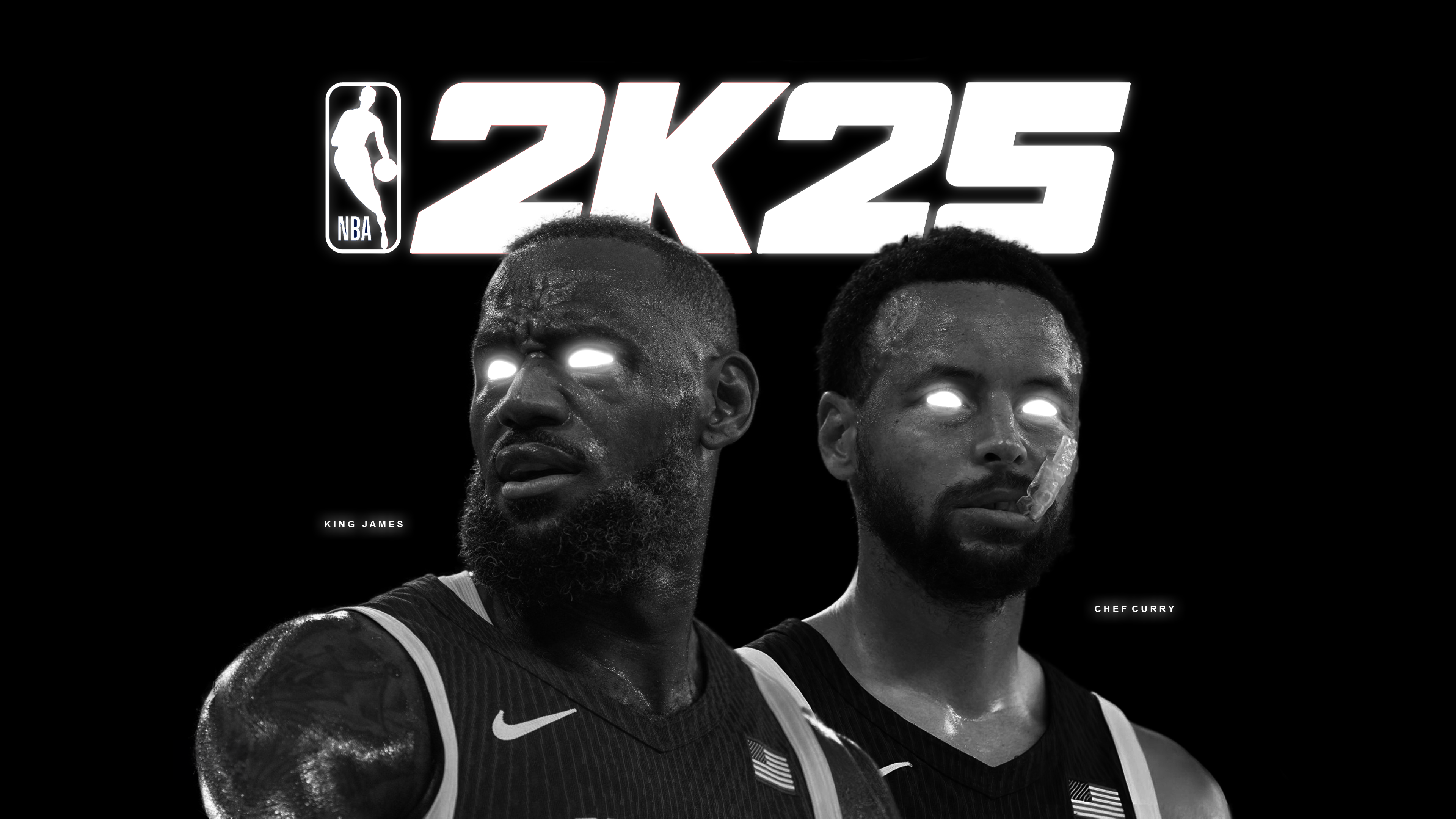 Monochrome high-contrast portrait of LeBron James and Stephen Curry against a black background, NBA 2K25 style.