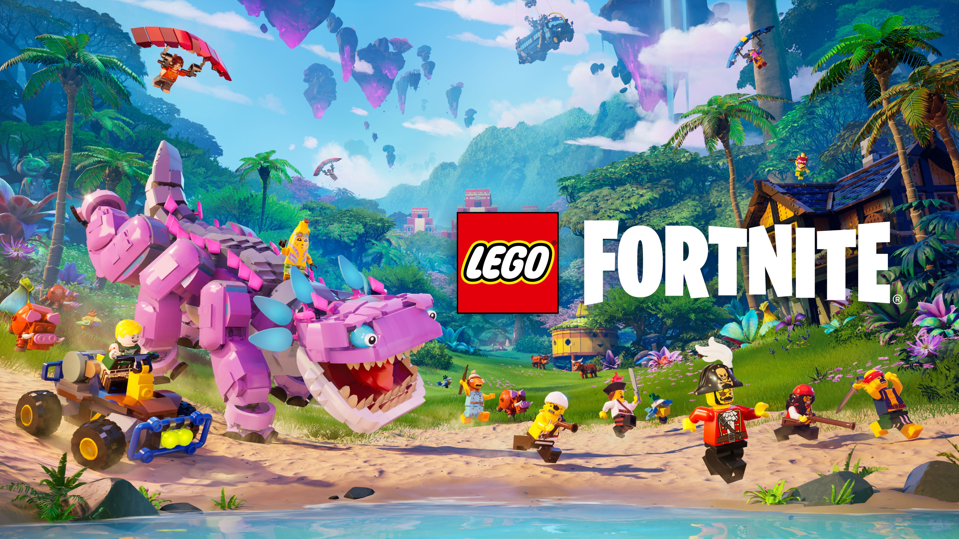 A LEGO Fortnite minifigure standing amidst a colorful, blocky forest constructed from LEGO bricks.