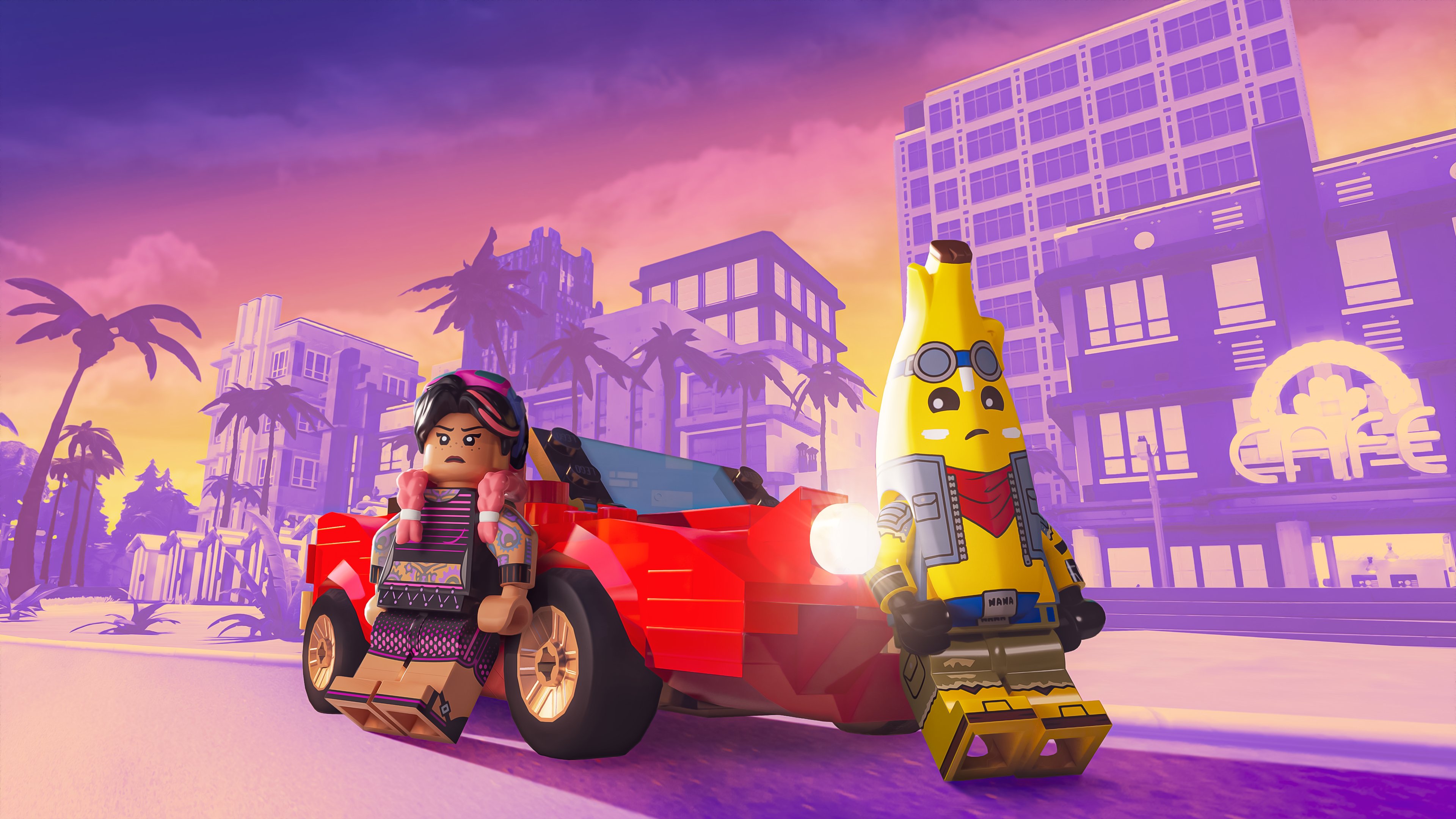 A LEGO-style character standing in a neon-lit urban street reminiscent of Grand Theft Auto VI.