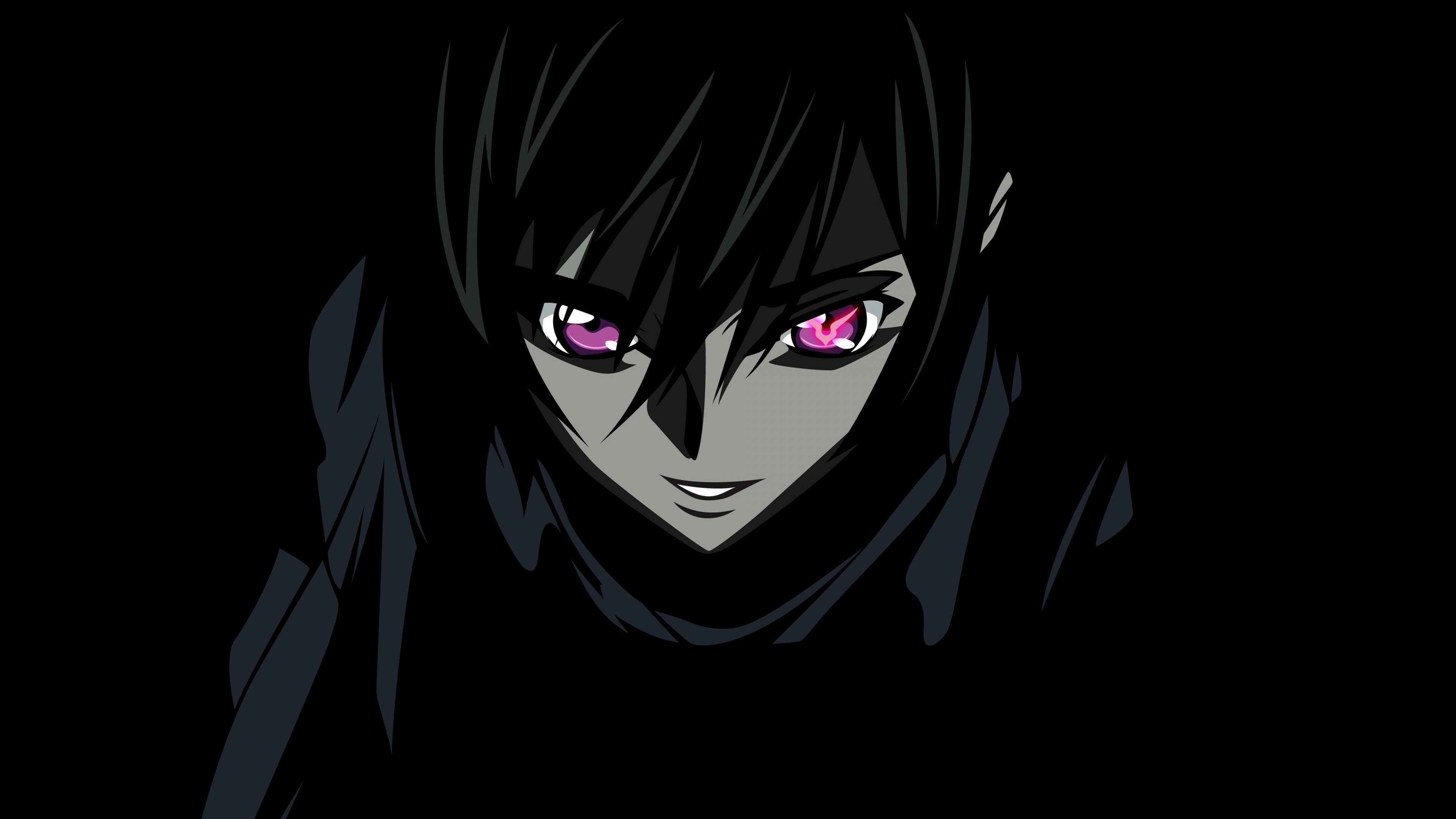 A striking portrait of Lelouch Lamperouge from the anime Code Geass set against a solid black background.