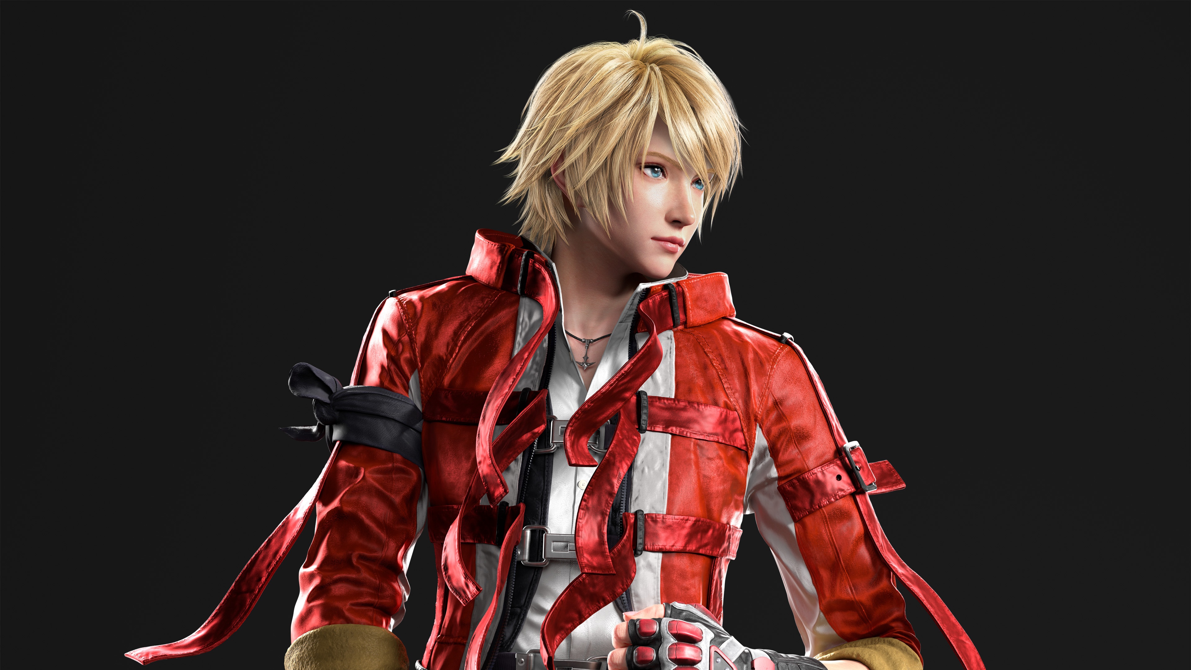 A dramatic and high-contrast portrait of Leo Kliesen from Tekken 8 against a dark background.