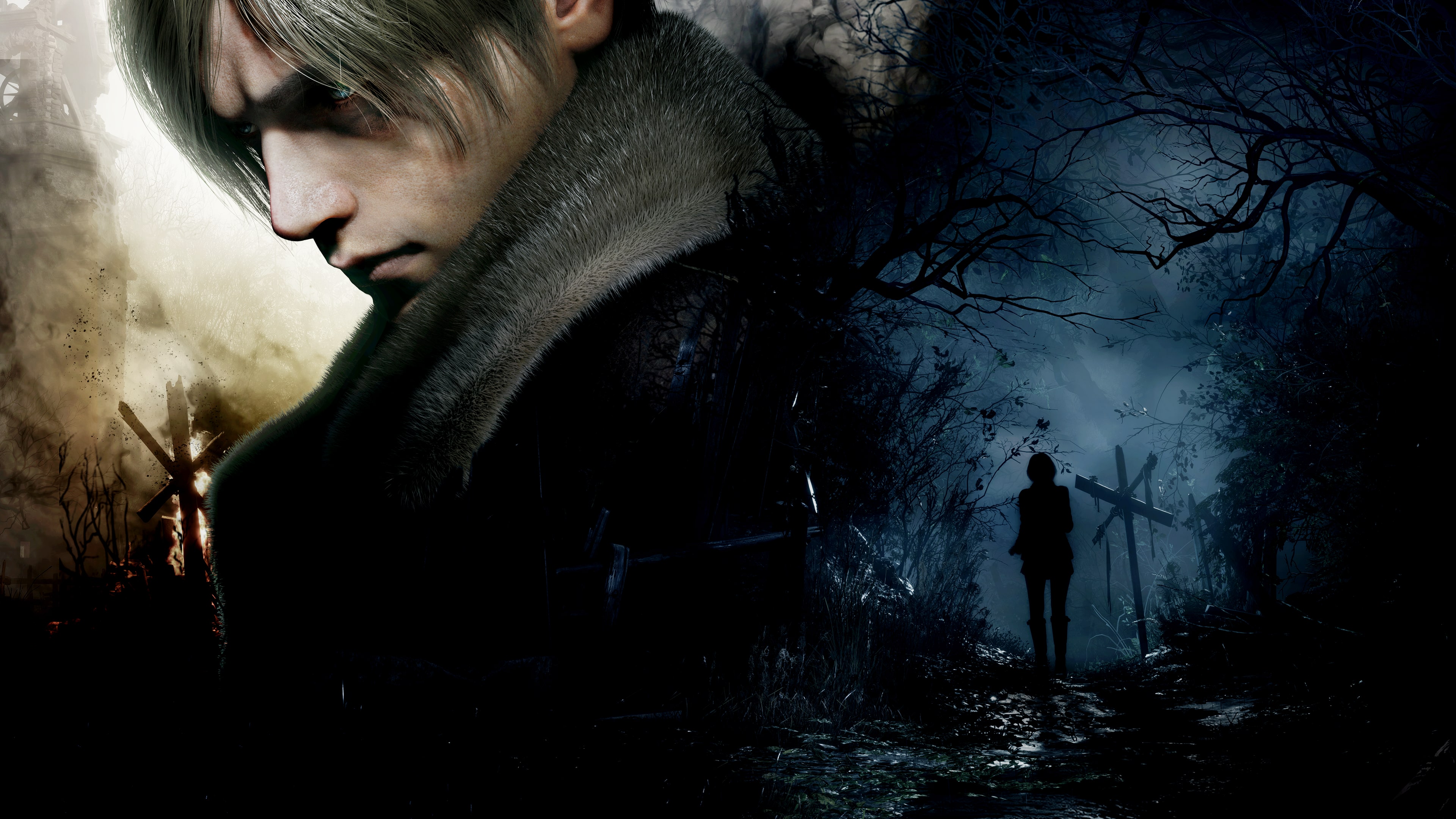 Leon S. Kennedy standing in a dark, atmospheric setting from the Resident Evil 4 survival horror game.