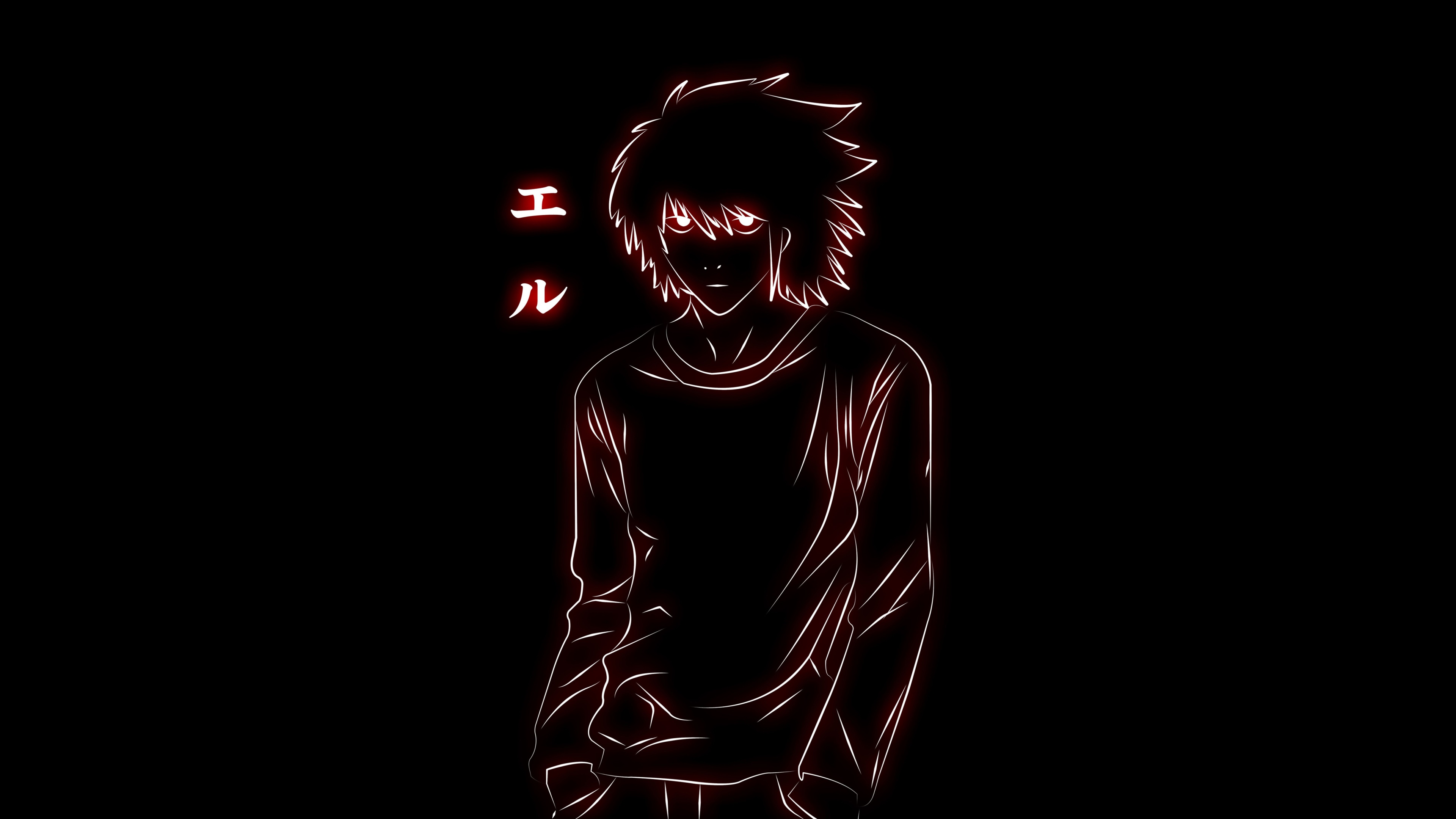 Minimalist glowing portrait of Light Yagami from Death Note on a deep black background.