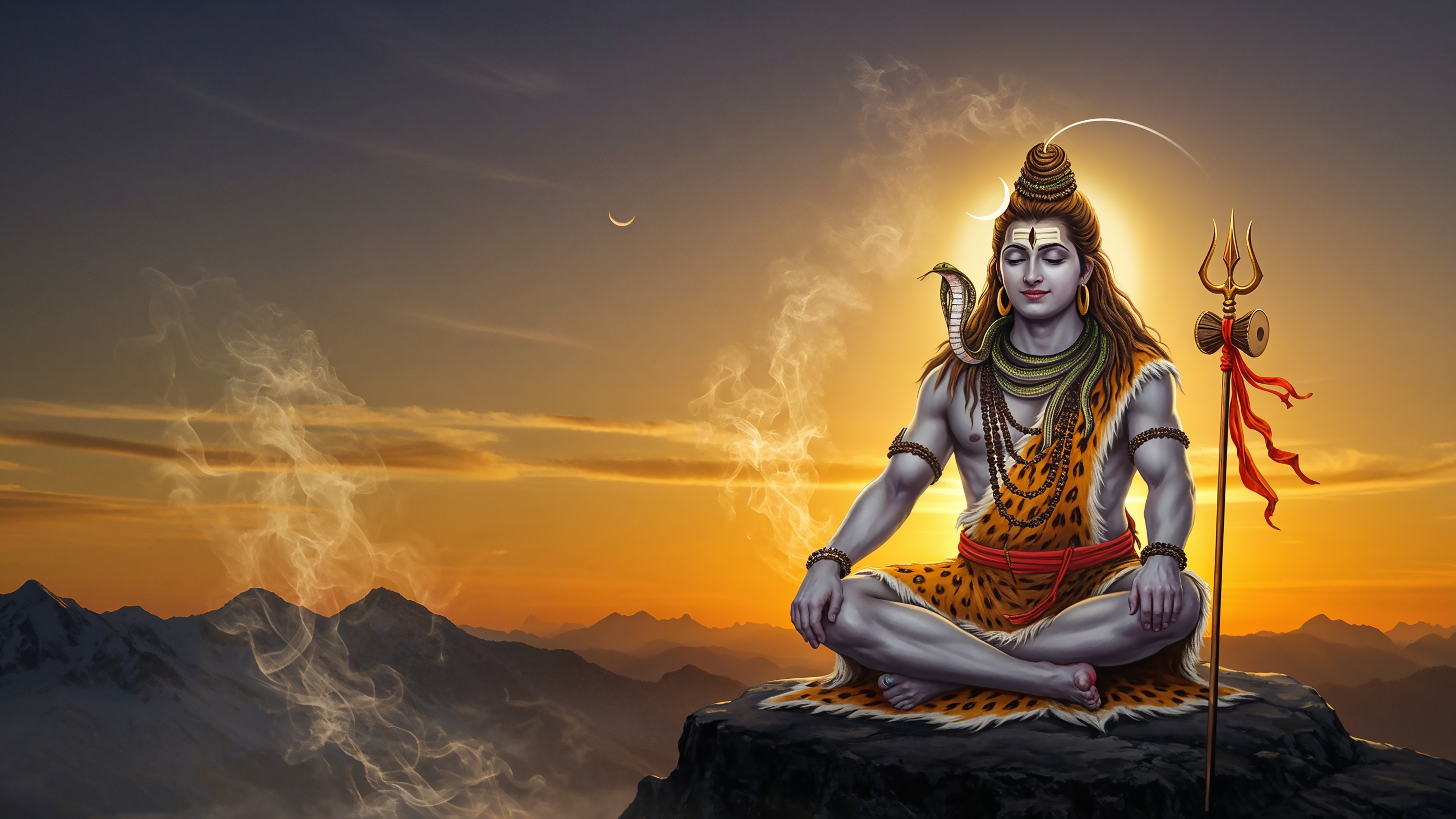 A spiritual depiction of Lord Shiva meditating amidst a golden sunset