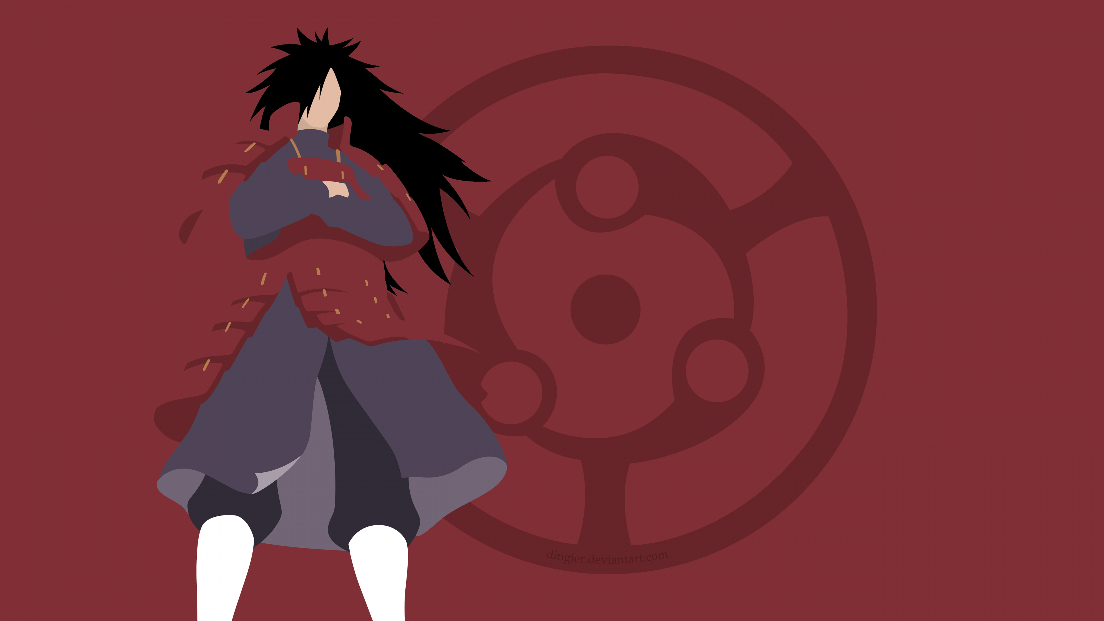 Minimalist illustration of Madara Uchiha's Mangekyo Sharingan from Naruto on a solid red background.