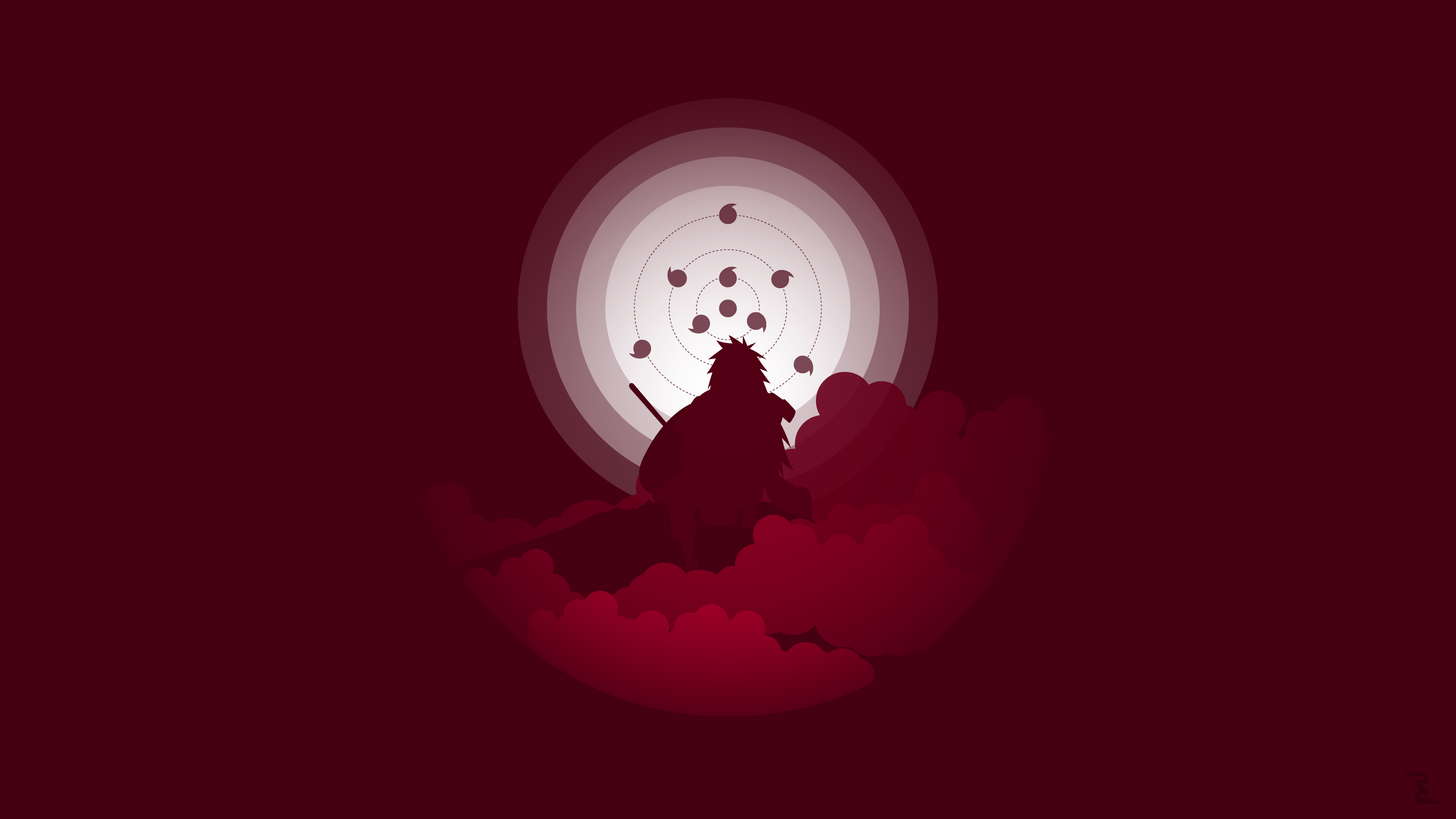 Minimalist digital art of Madara Uchiha from Naruto on a dark red background.