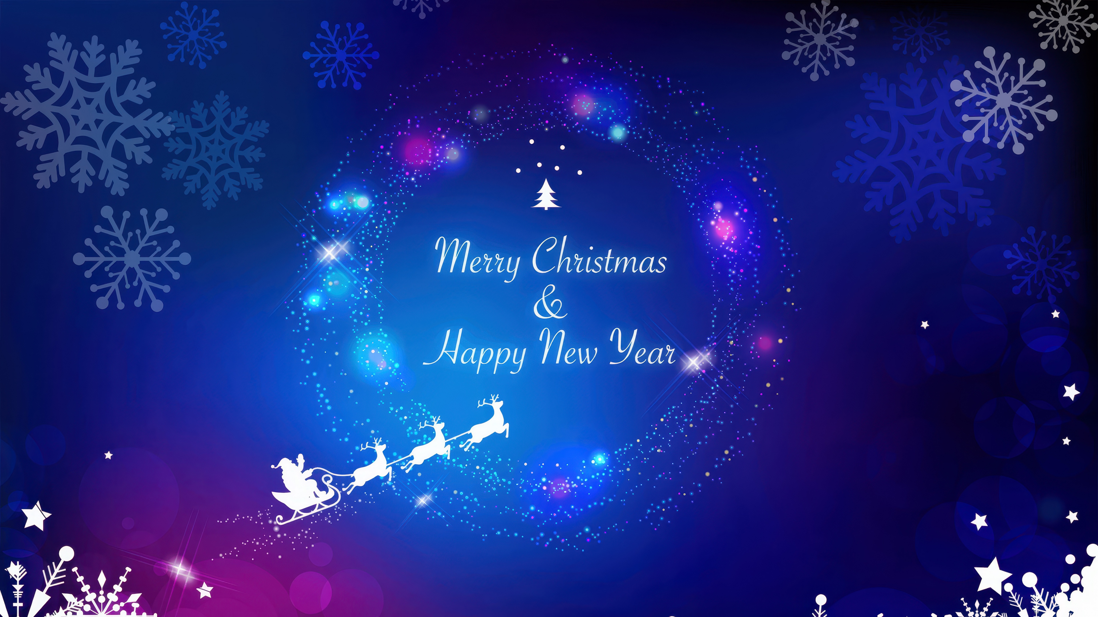 A sparkling Santa Claus chariot flying through a blue night sky filled with shimmering snowflakes.